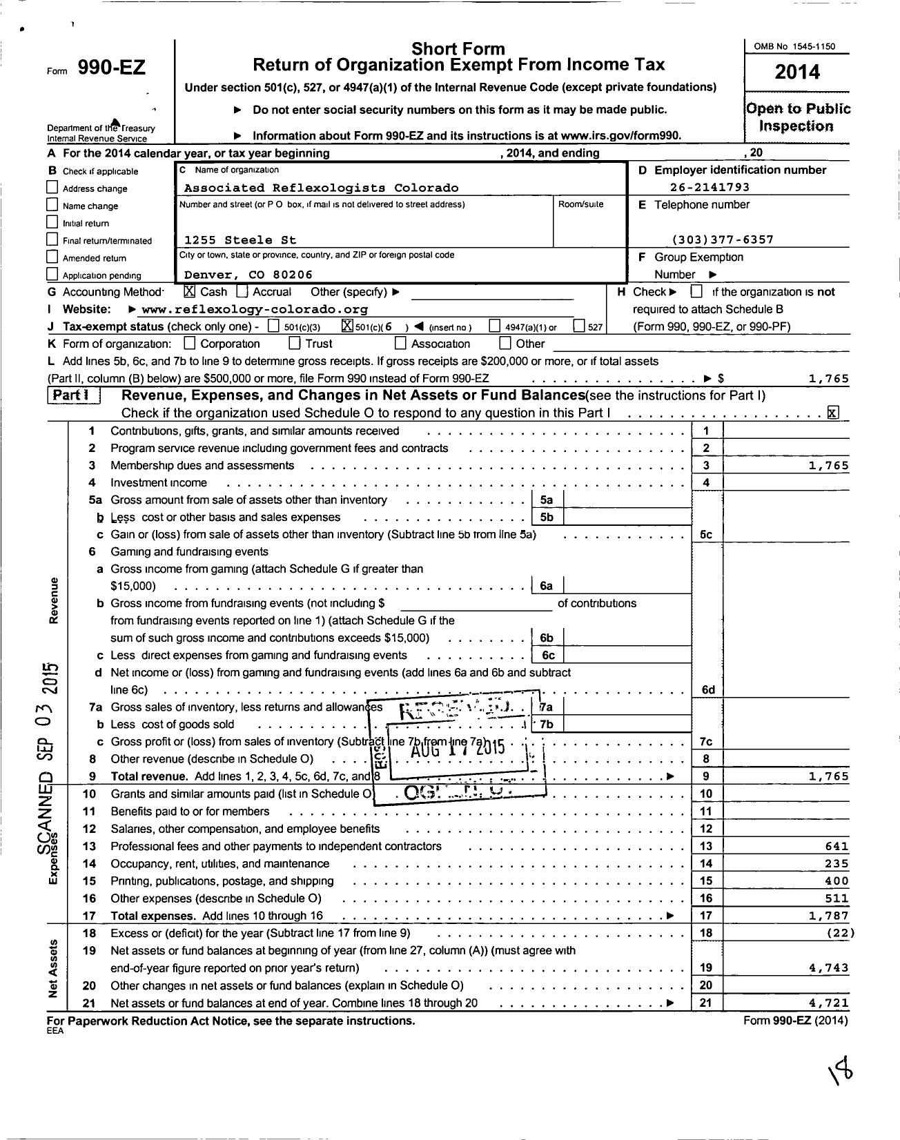 Image of first page of 2014 Form 990EO for Associated Reflexologists of Colorado