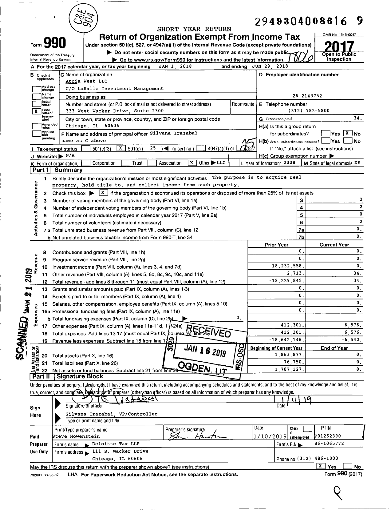 Image of first page of 2017 Form 990O for Atria West LLC