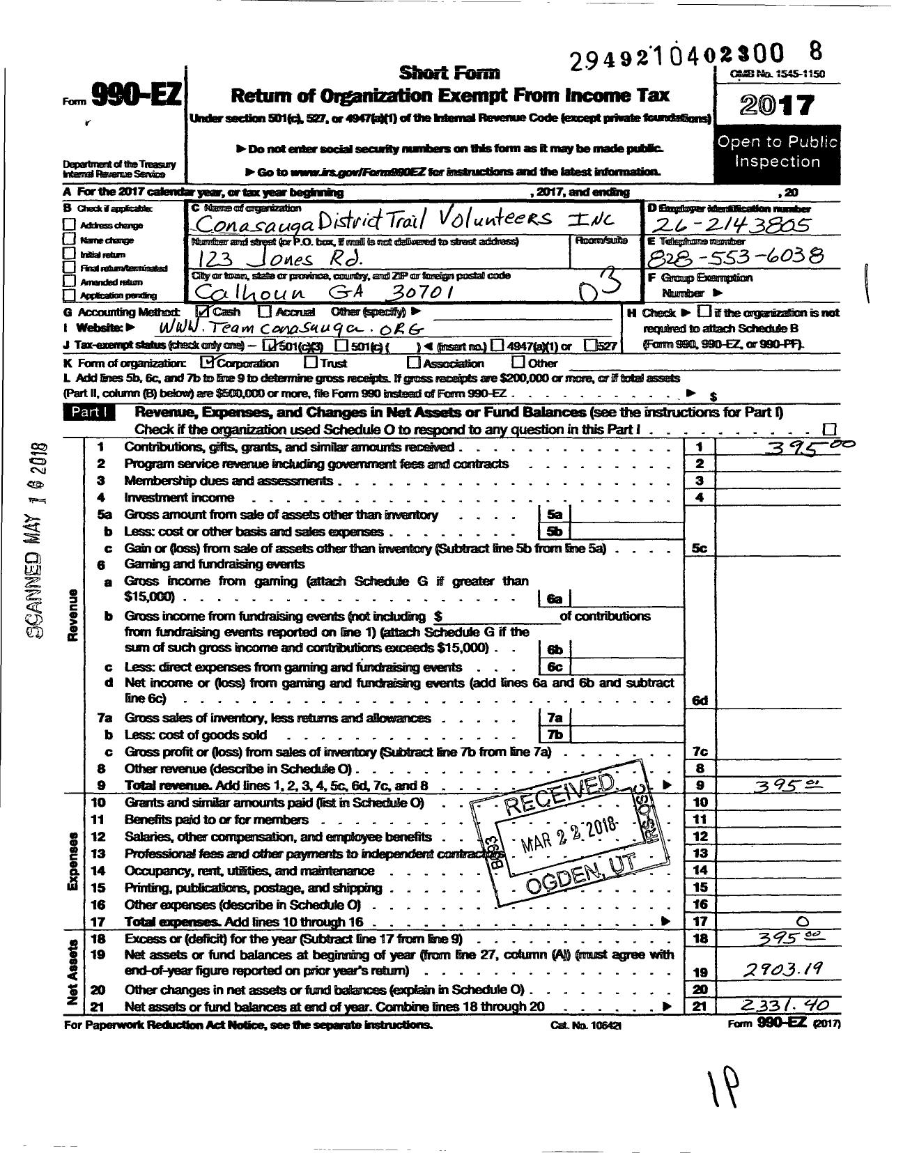 Image of first page of 2017 Form 990EZ for Conasauga District Trail Volunteers