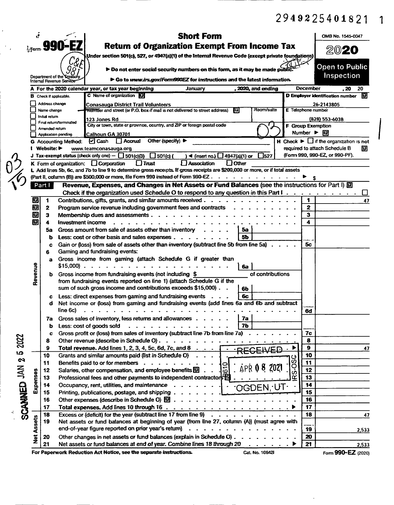 Image of first page of 2020 Form 990EZ for Conasauga District Trail Volunteers