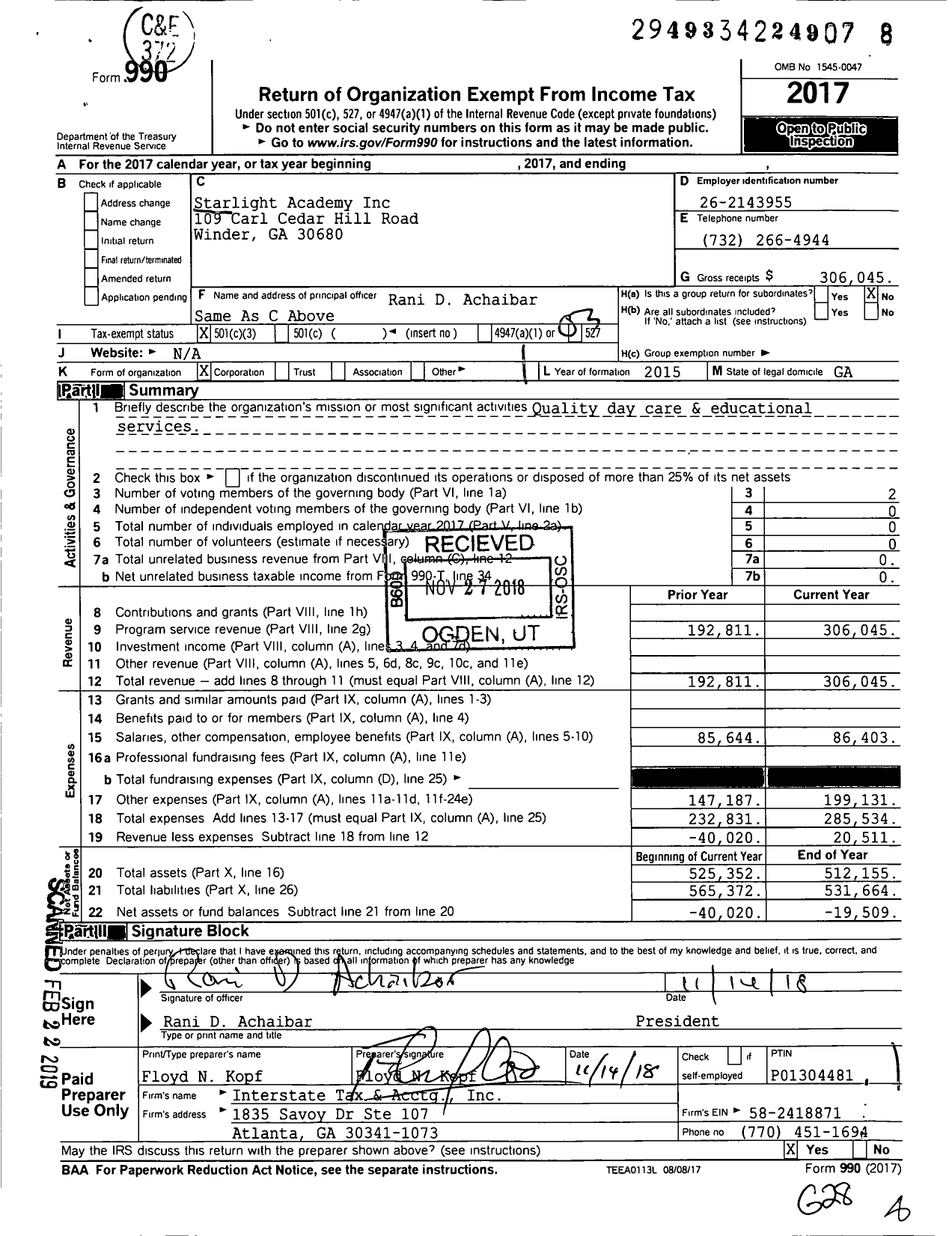 Image of first page of 2017 Form 990 for Starlight Academy