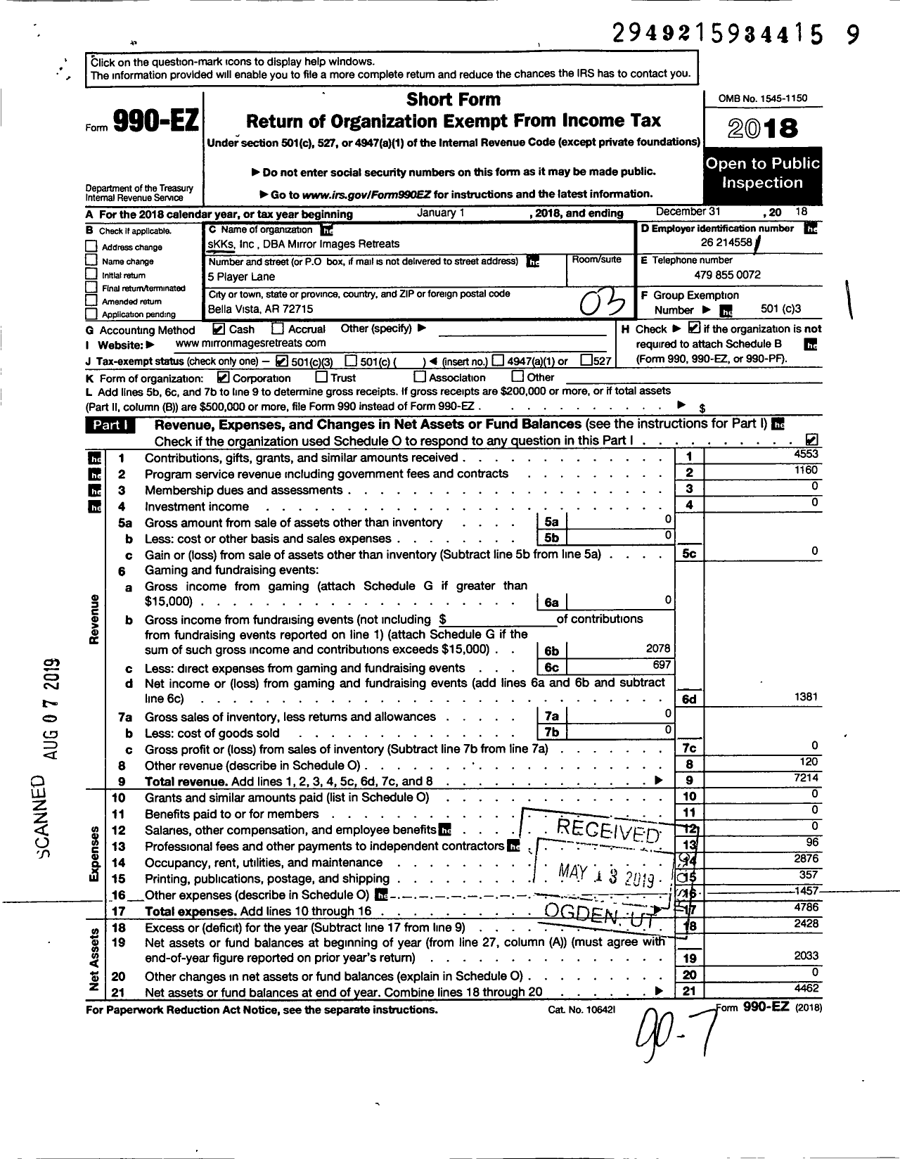 Image of first page of 2018 Form 990EZ for SKKS (Mirror Images Retreats)