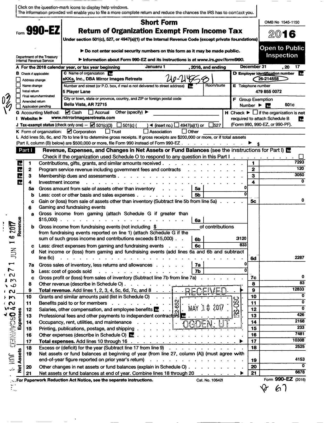 Image of first page of 2017 Form 990EZ for SKKS (Mirror Images Retreats)