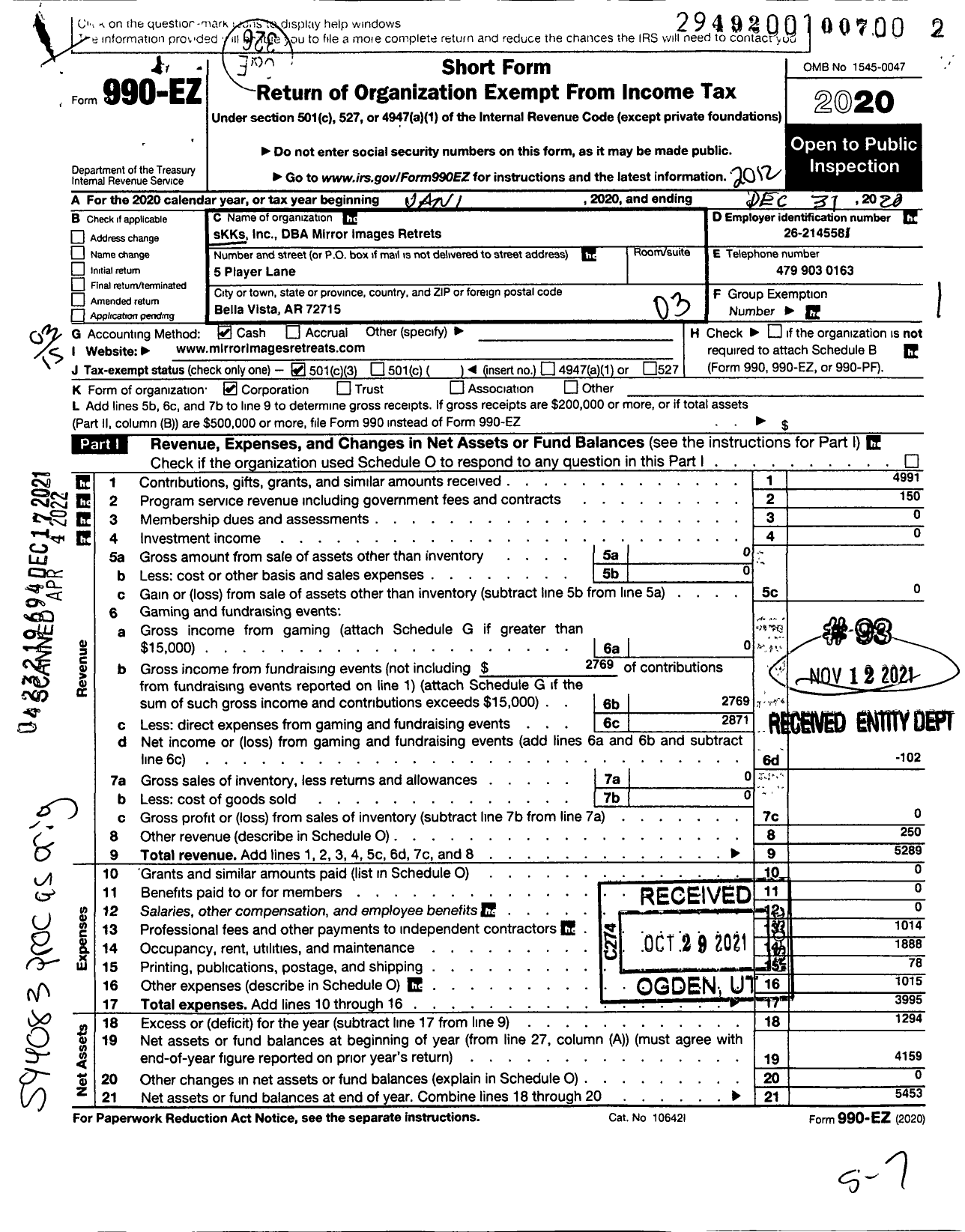 Image of first page of 2020 Form 990EZ for SKKS (Mirror Images Retreats)