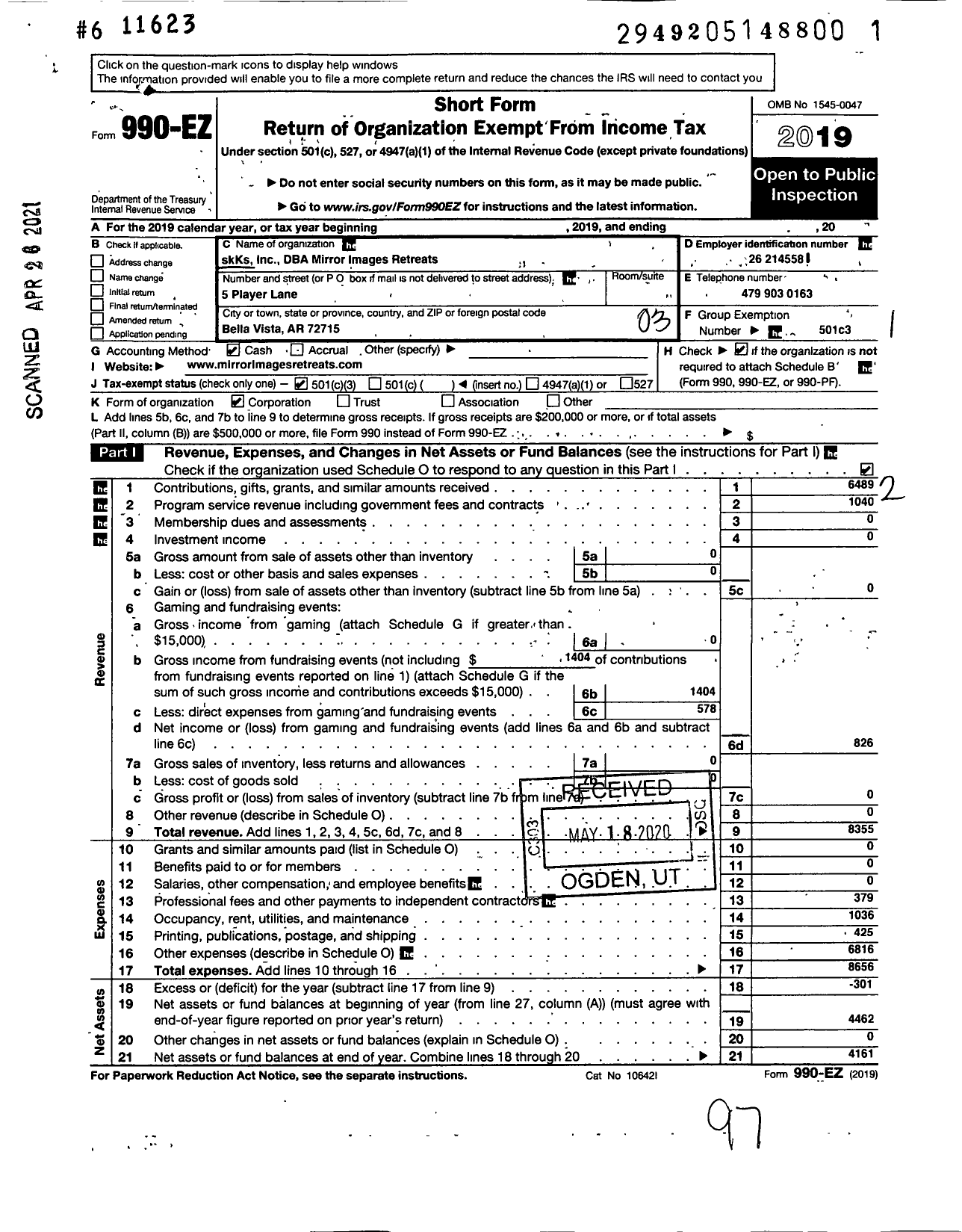 Image of first page of 2019 Form 990EZ for SKKS (Mirror Images Retreats)