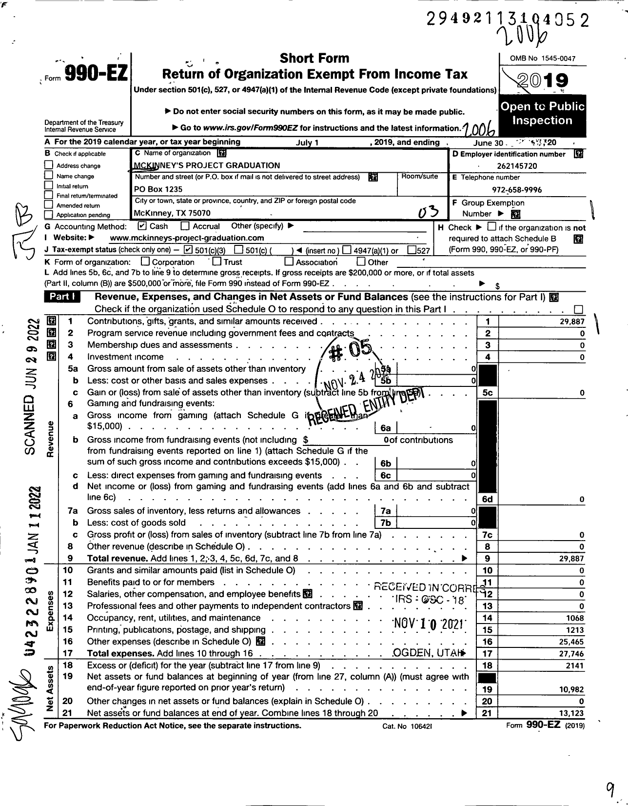 Image of first page of 2019 Form 990EZ for Mckinneys Project Graduation