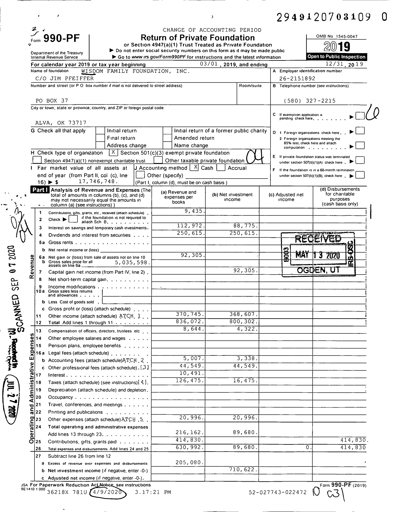 Image of first page of 2019 Form 990PR for Wisdom Family Foundation