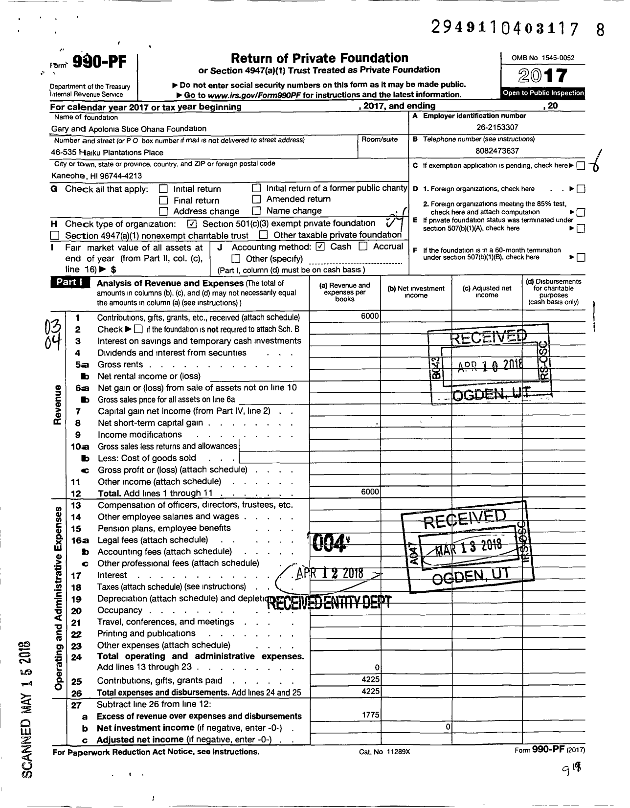 Image of first page of 2017 Form 990PF for Gary and Apolonia Stice Ohana