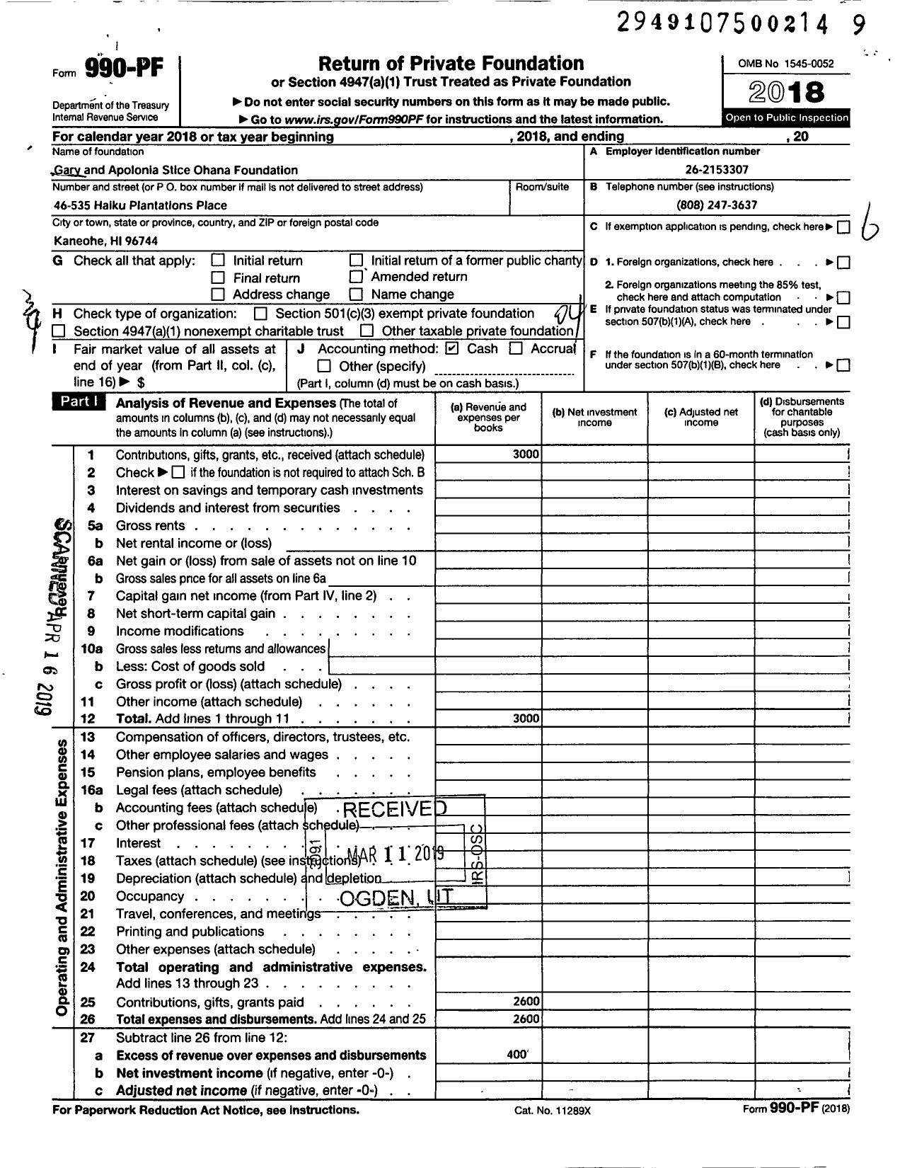 Image of first page of 2018 Form 990PF for Gary and Apolonia Stice Ohana