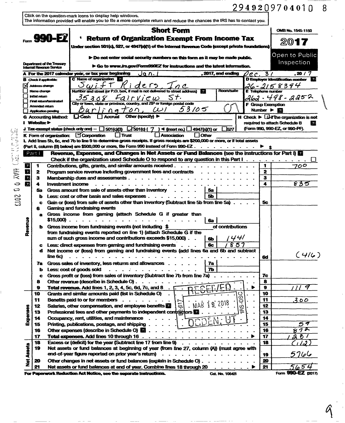 Image of first page of 2017 Form 990EO for Swift Riders