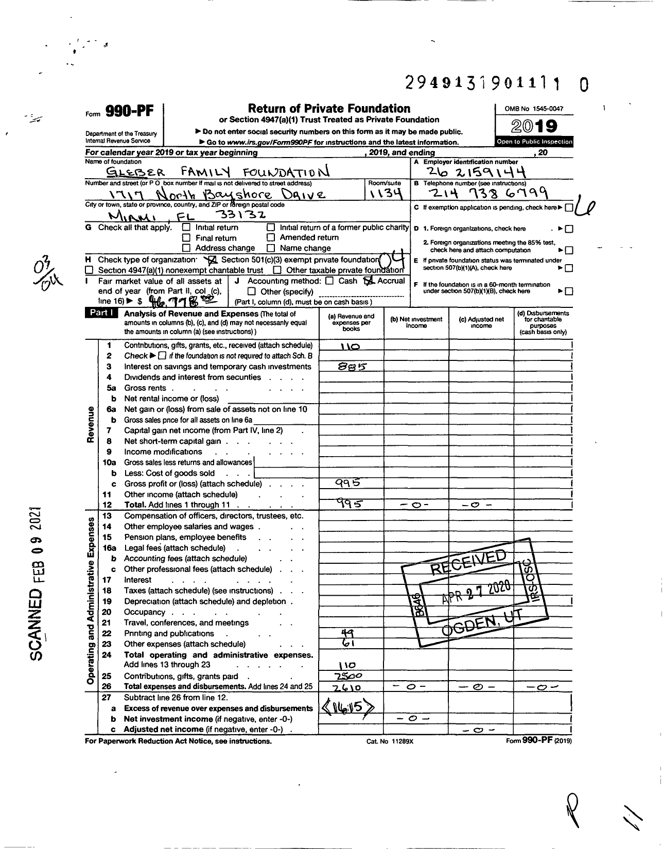 Image of first page of 2019 Form 990PF for Gleber Family Foundation