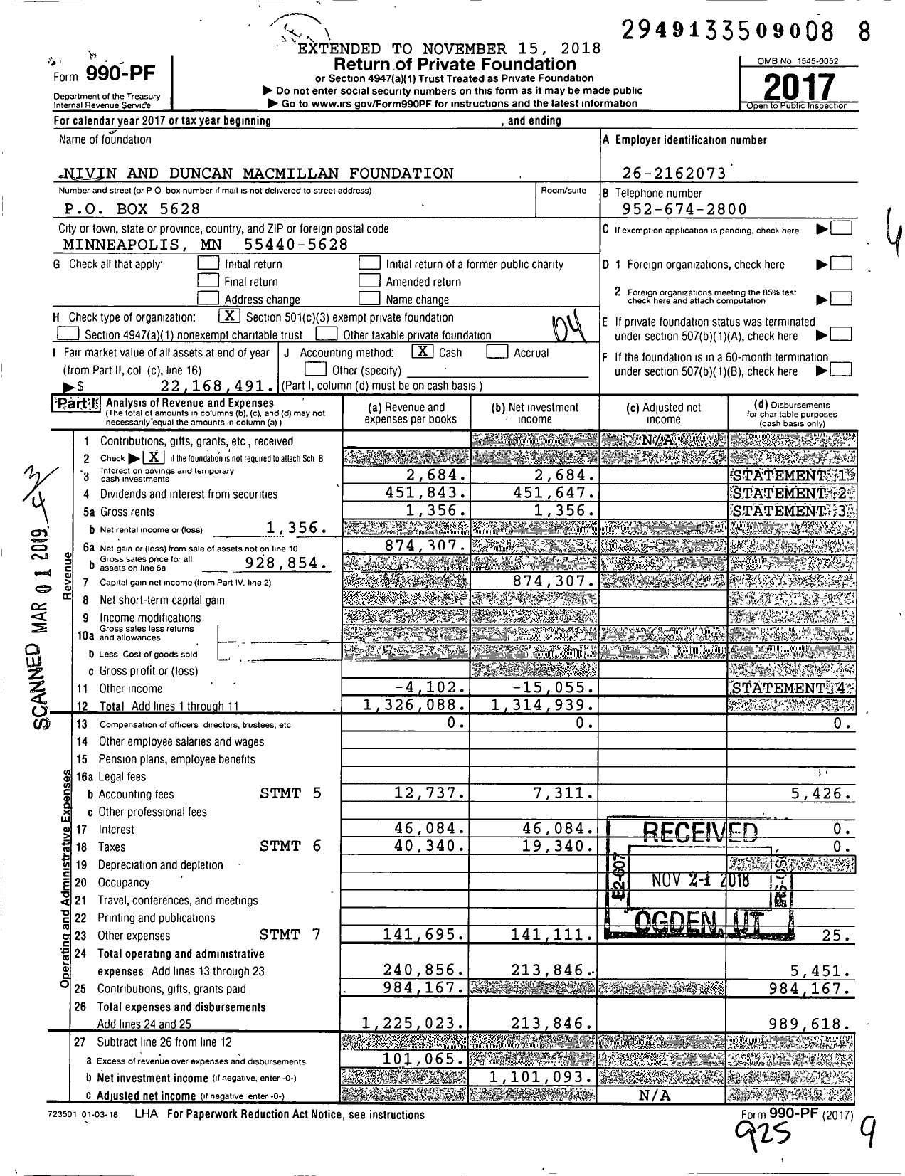 Image of first page of 2017 Form 990PF for Nivin and Duncan Macmillan Foundation