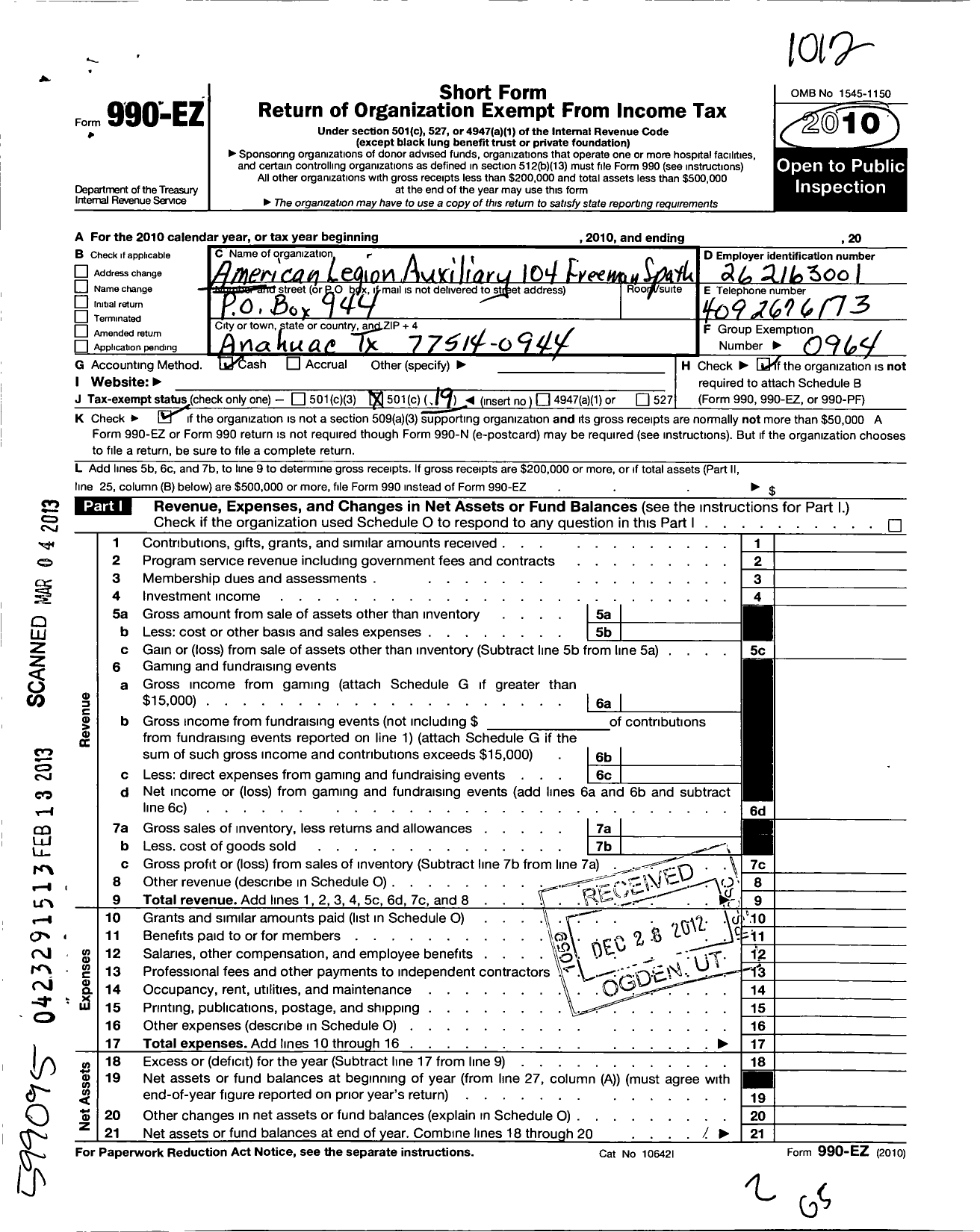 Image of first page of 2010 Form 990EO for American Legion Auxiliary - 0104 Freeman-Spath