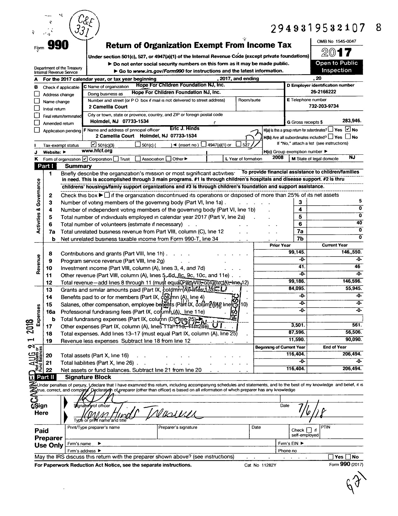 Image of first page of 2017 Form 990 for Hope for Children Foundation New Jersey