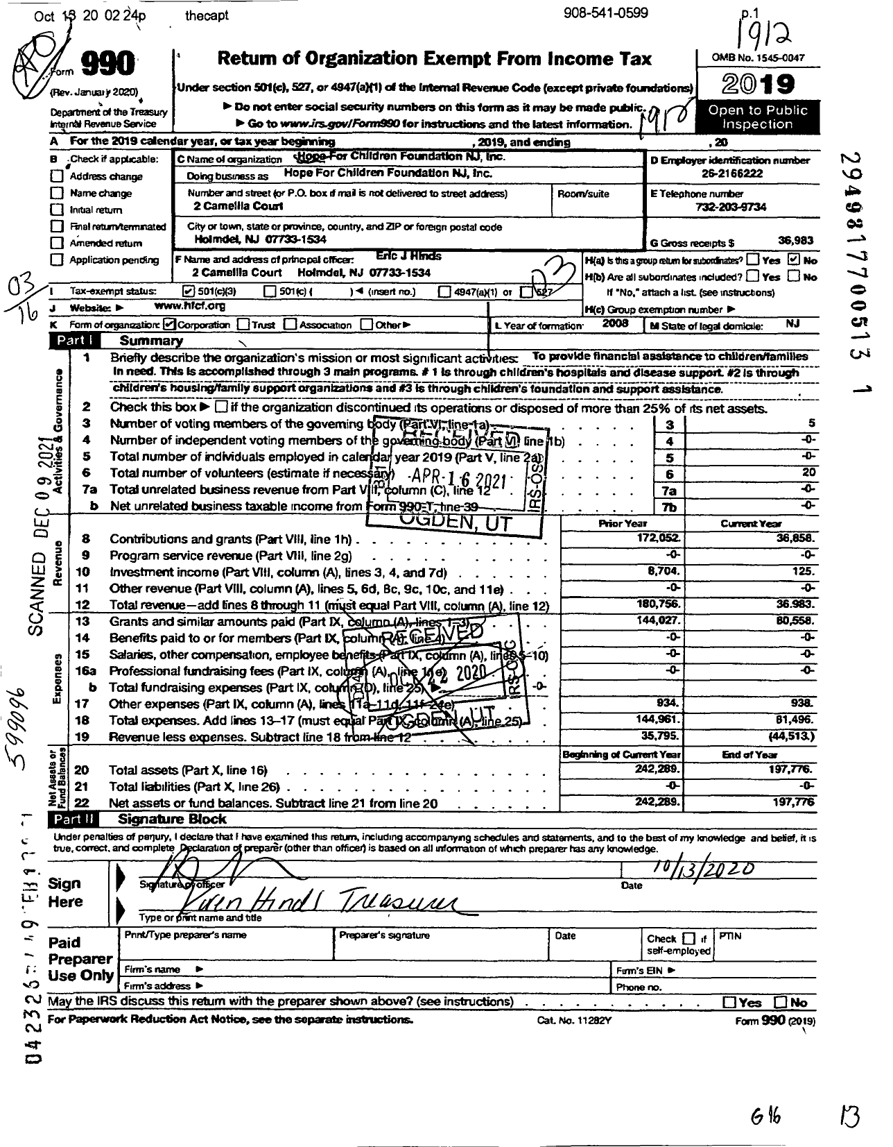 Image of first page of 2019 Form 990 for Hope for Children Foundation New Jersey