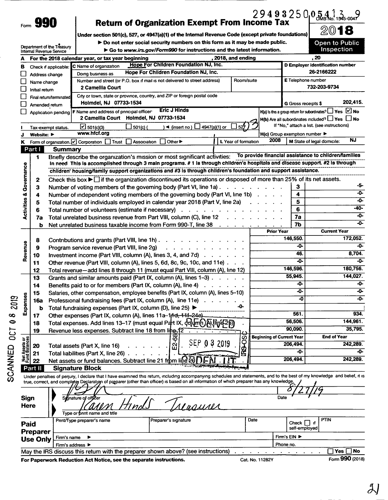 Image of first page of 2018 Form 990 for Hope for Children Foundation New Jersey