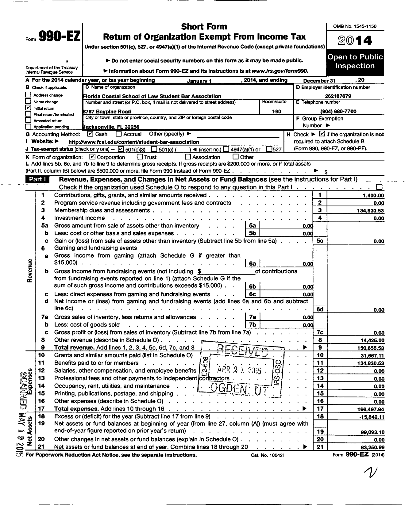 Image of first page of 2014 Form 990EZ for Florida Coastal School of Law Student Bar Association