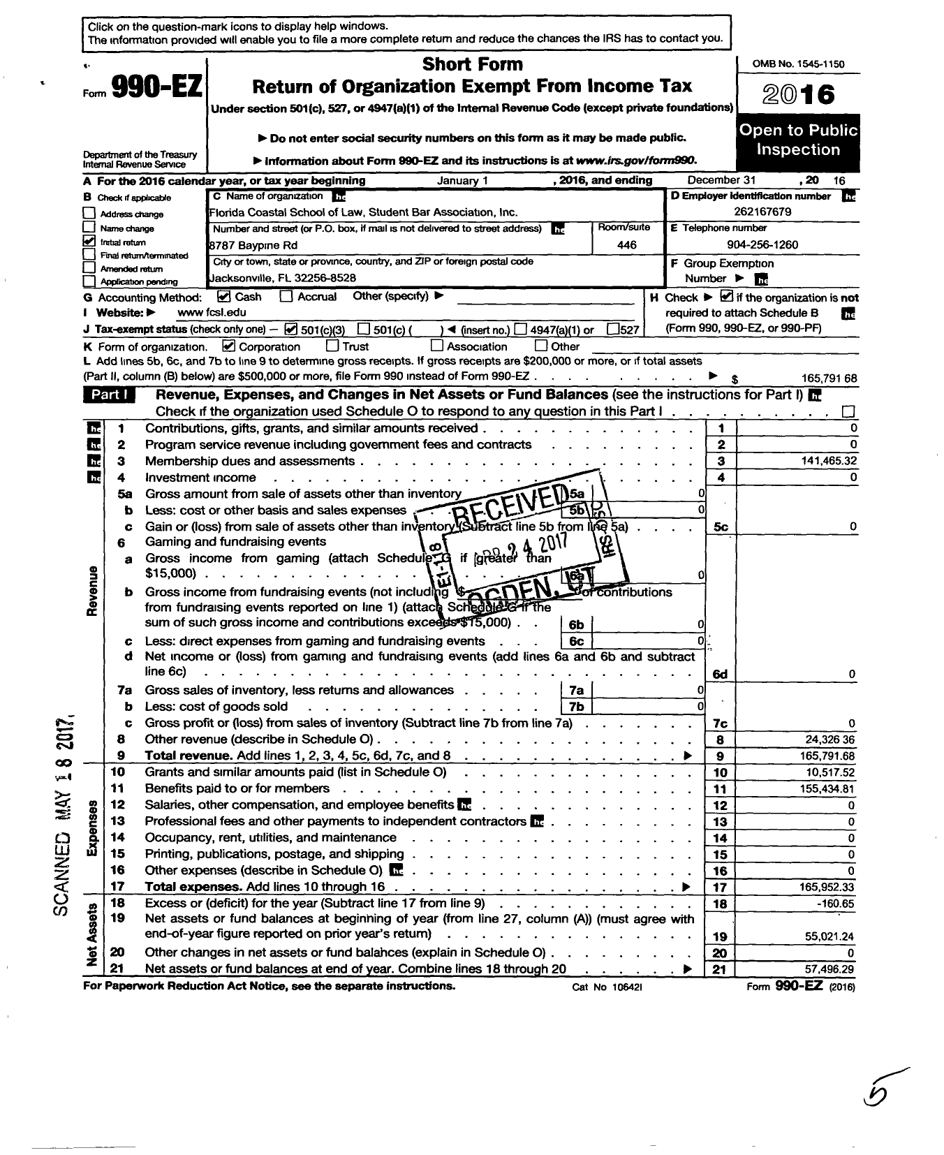 Image of first page of 2016 Form 990EZ for Florida Coastal School of Law Student Bar Association