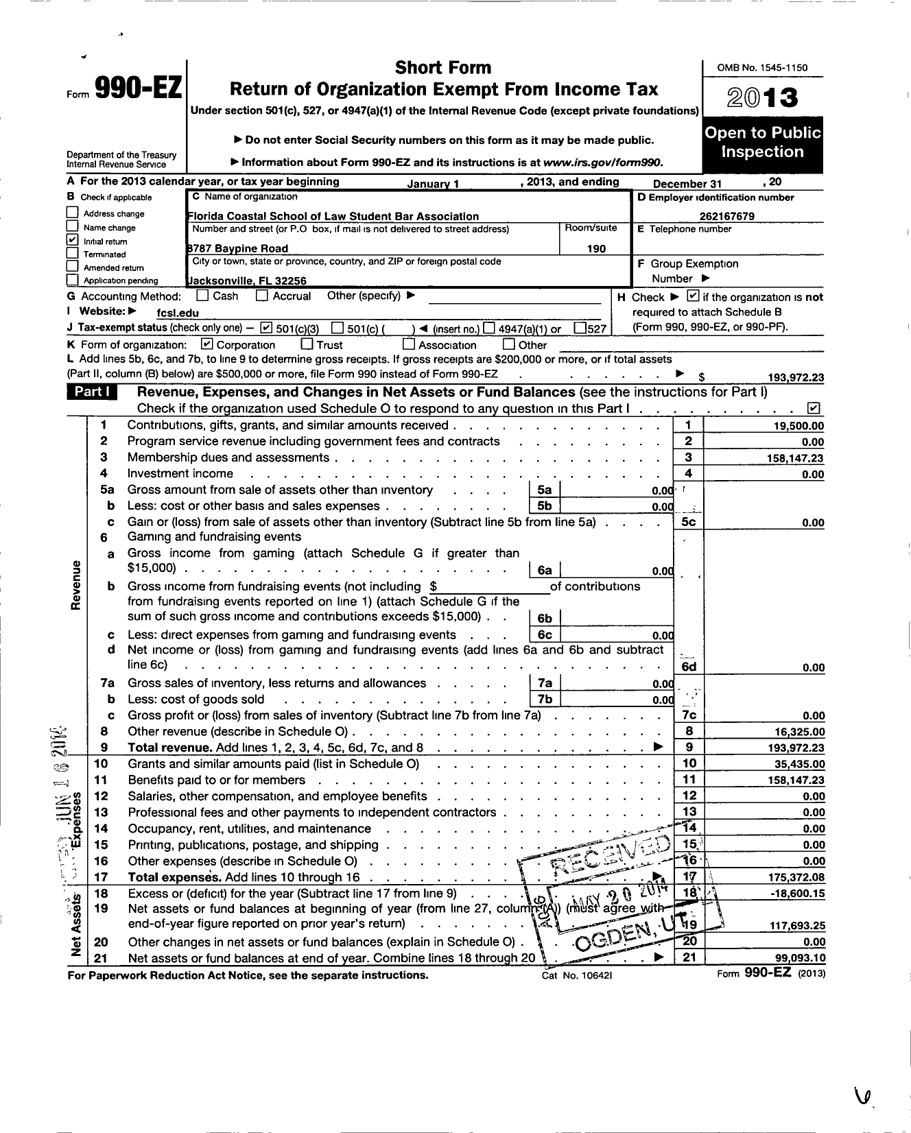 Image of first page of 2013 Form 990EZ for Florida Coastal School of Law Student Bar Association