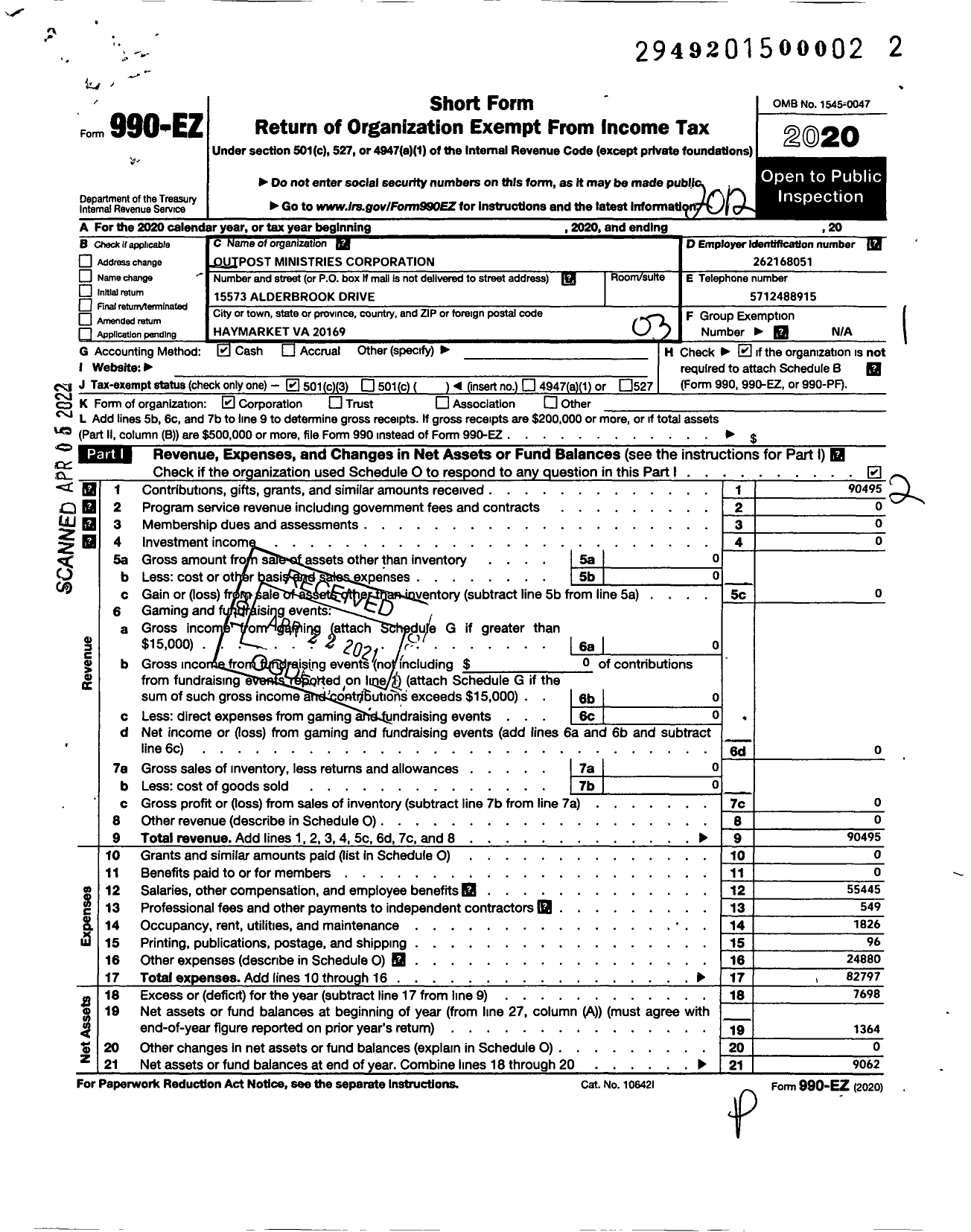 Image of first page of 2020 Form 990EZ for Outpost Ministries Corporation