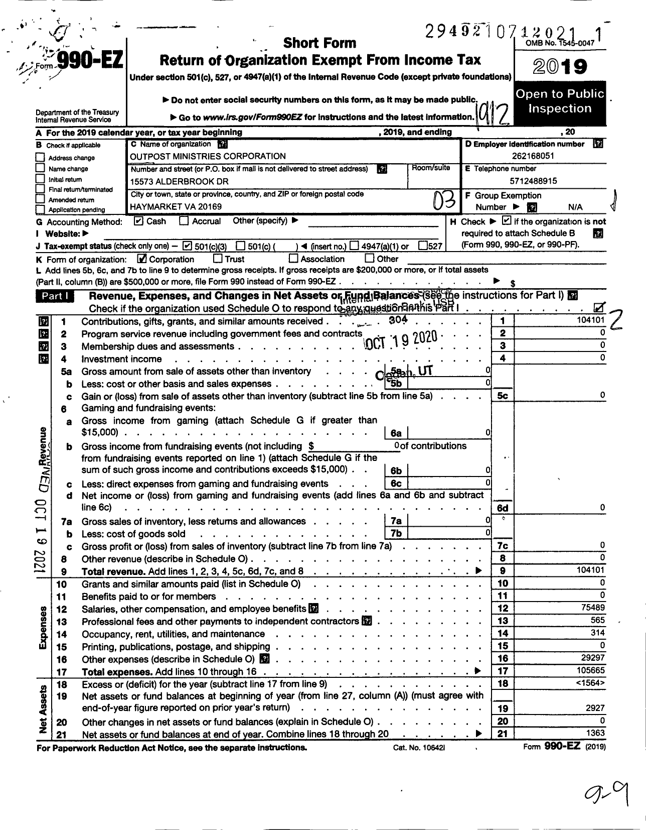 Image of first page of 2019 Form 990EZ for Outpost Ministries Corporation