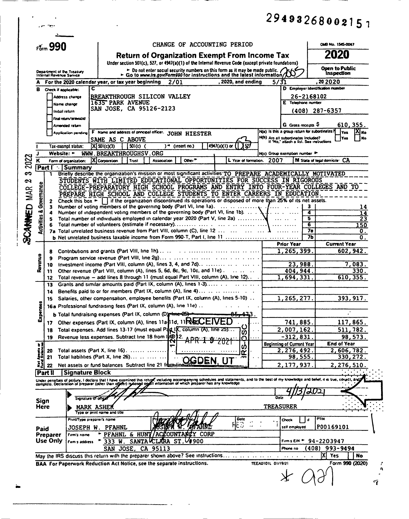 Image of first page of 2019 Form 990 for Breakthrough Silicon Valley