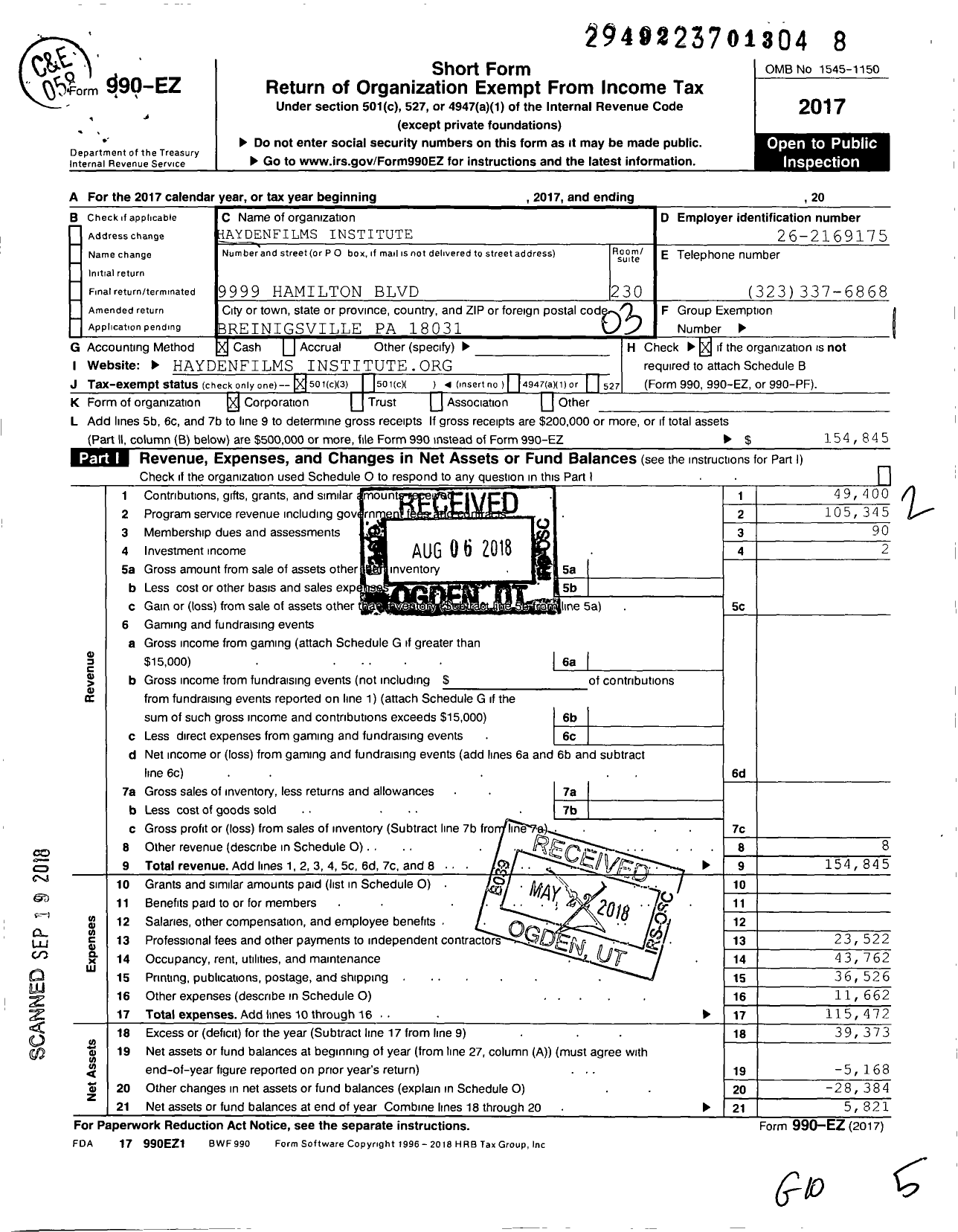 Image of first page of 2017 Form 990EZ for Haydenfilms Institute