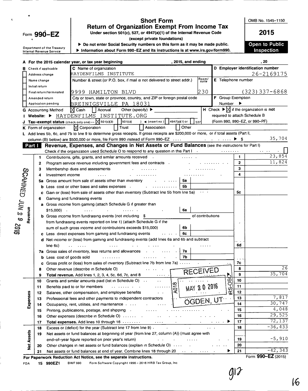 Image of first page of 2015 Form 990EZ for Haydenfilms Institute