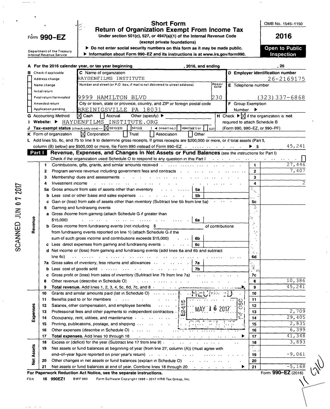 Image of first page of 2016 Form 990EZ for Haydenfilms Institute