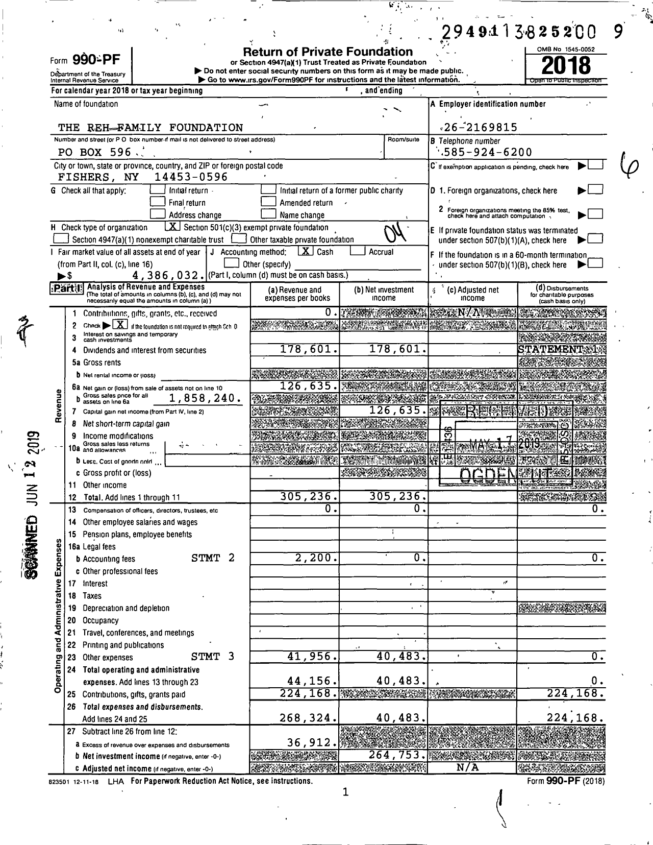 Image of first page of 2018 Form 990PF for The Reh Family Foundation