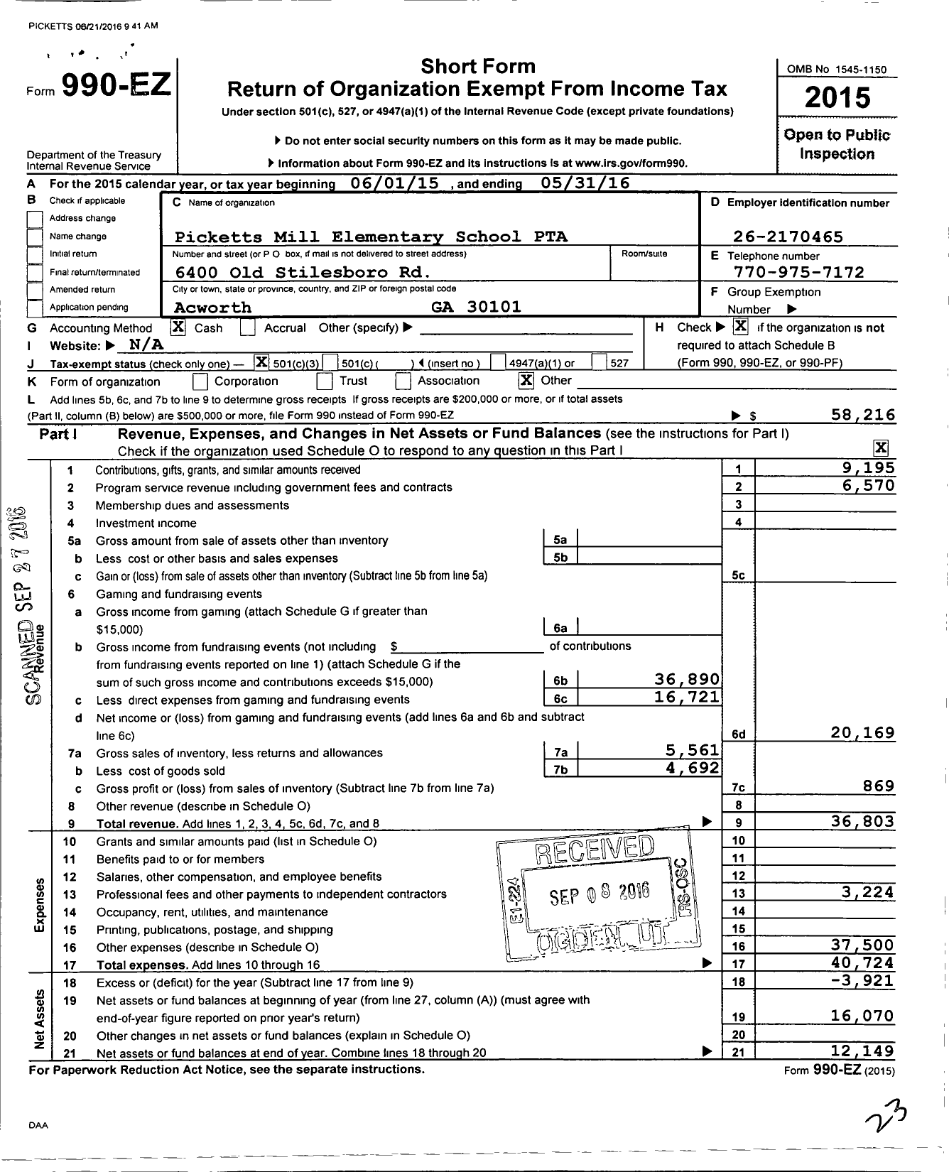 Image of first page of 2015 Form 990EZ for Georgia PTA - Picketts Mill Es PTA