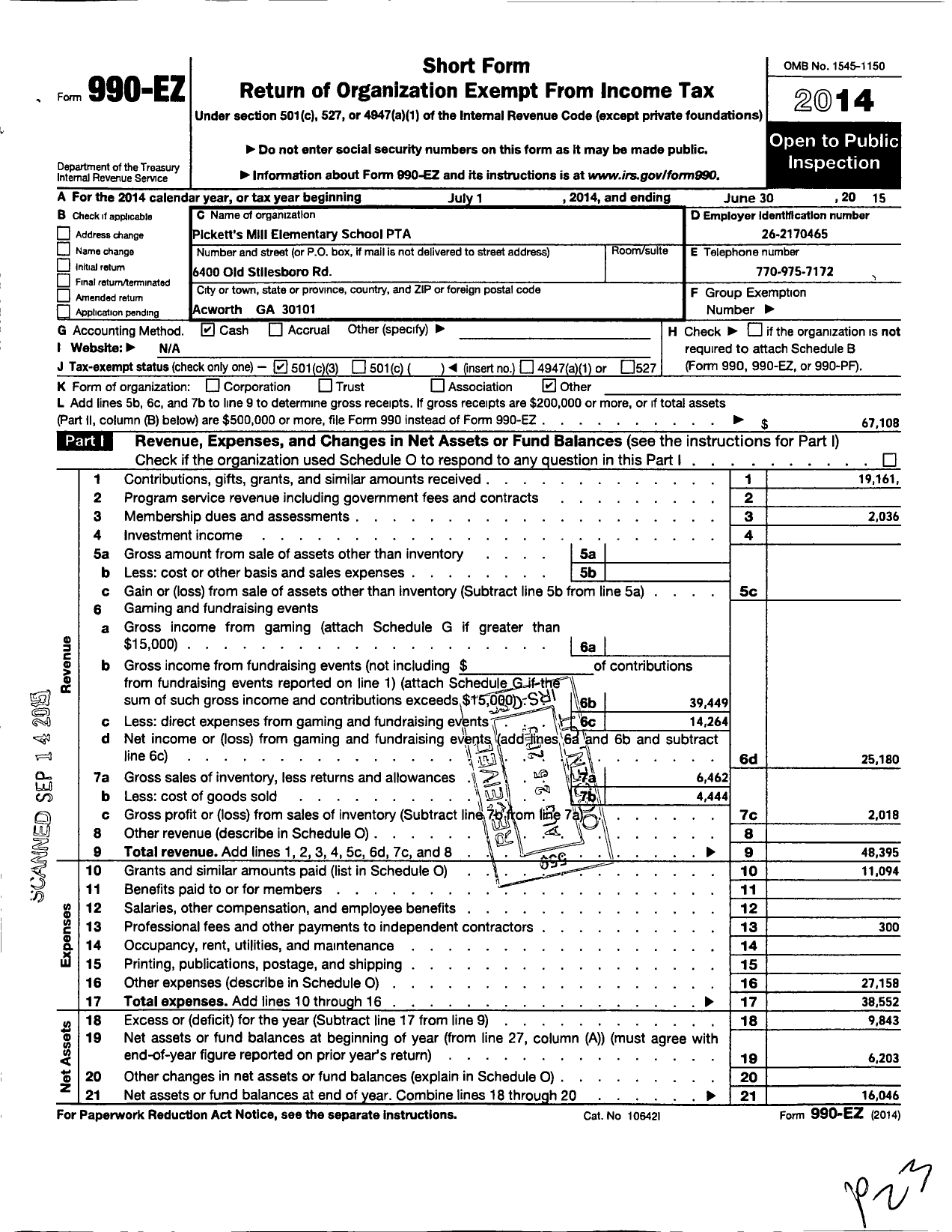 Image of first page of 2014 Form 990EZ for Georgia PTA - Picketts Mill Es PTA