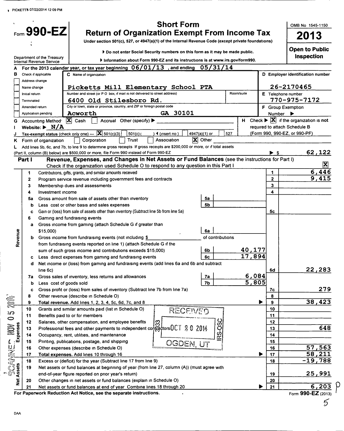 Image of first page of 2013 Form 990EZ for Georgia PTA - Picketts Mill Es PTA