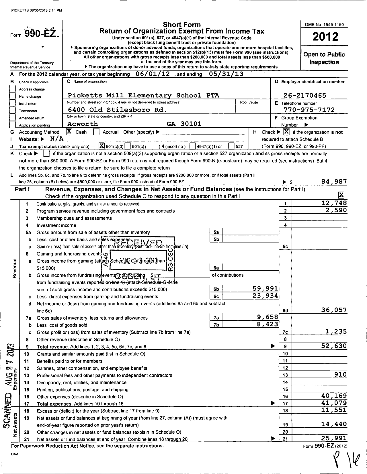 Image of first page of 2012 Form 990EZ for Georgia PTA - Picketts Mill Es PTA