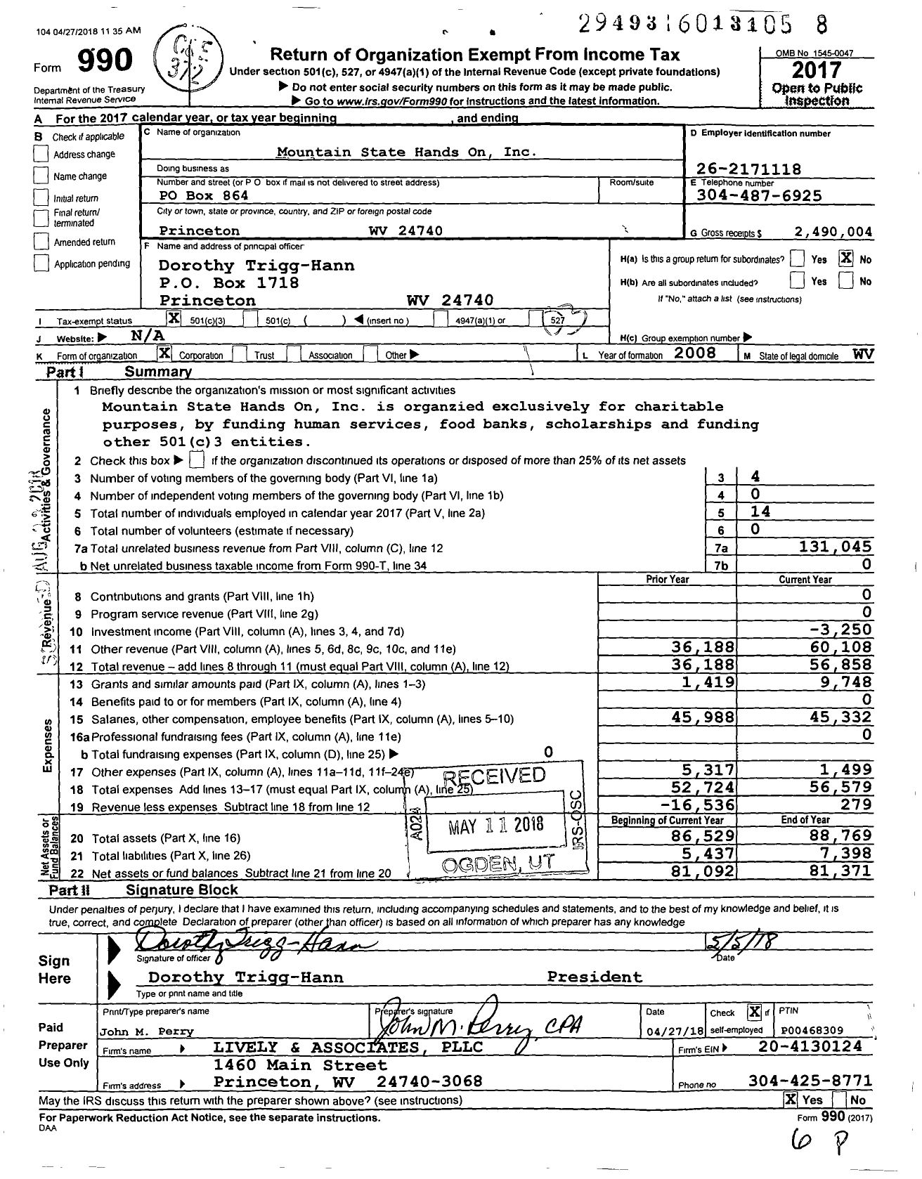 Image of first page of 2017 Form 990 for Mountain State Hands on