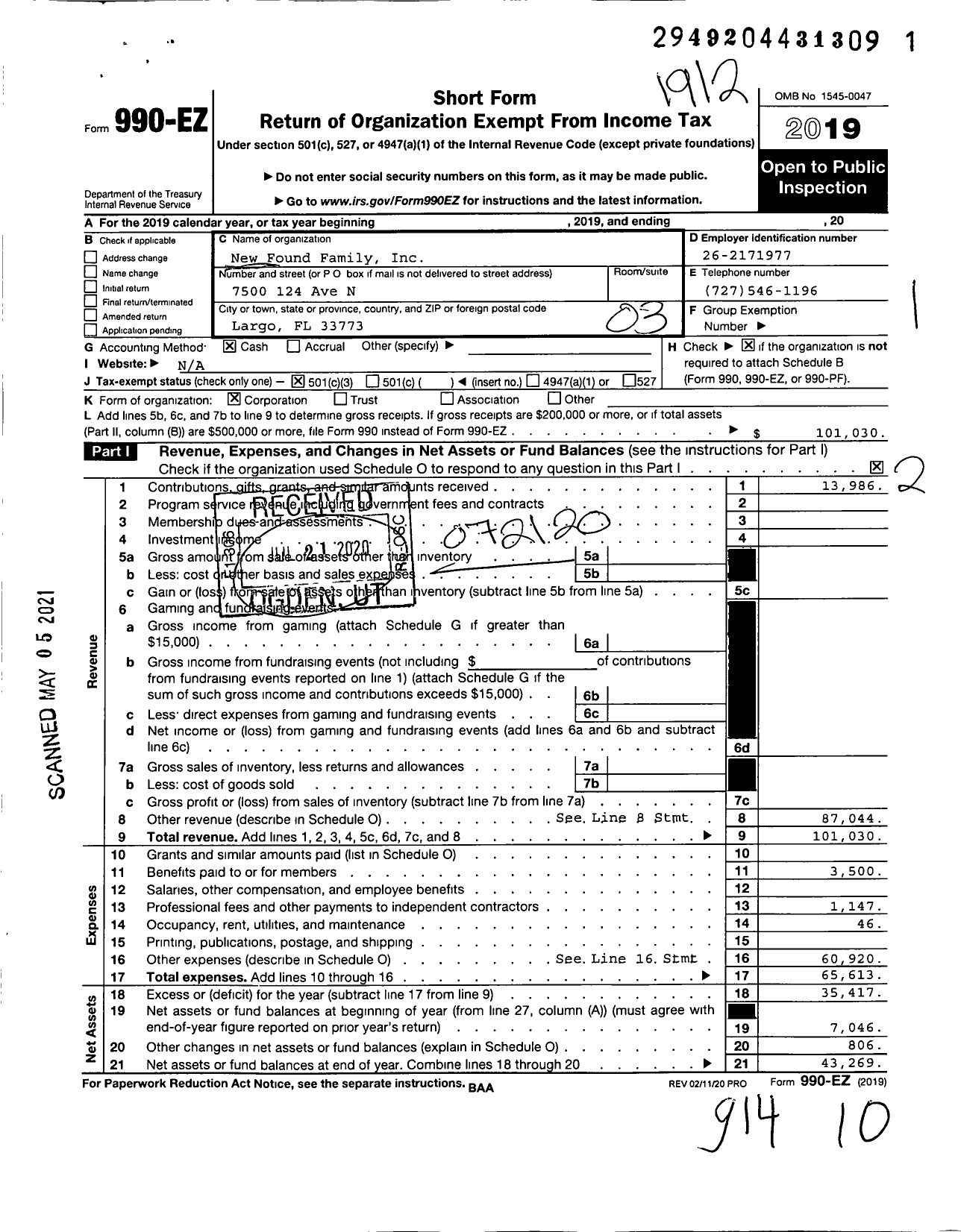 Image of first page of 2019 Form 990EZ for New Found Family