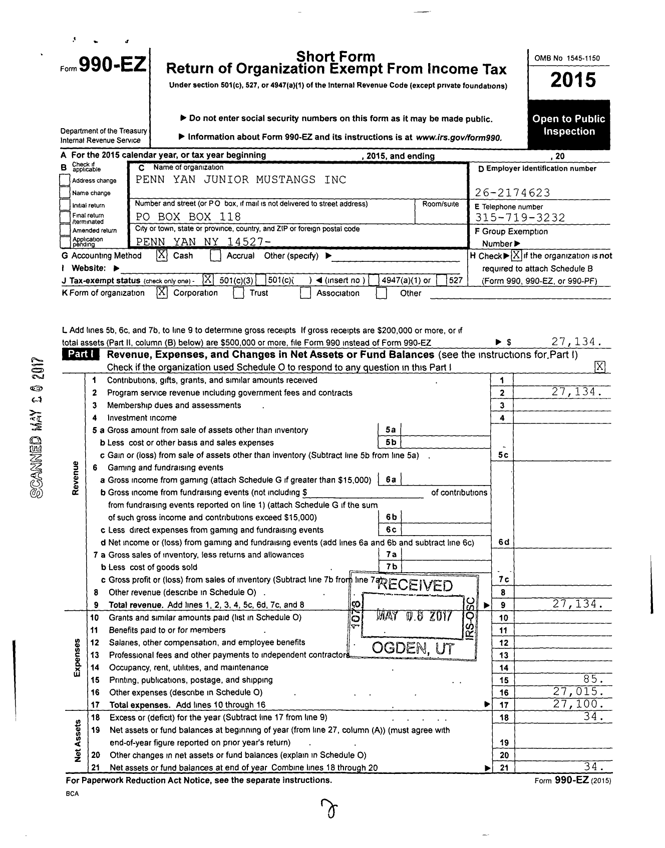 Image of first page of 2015 Form 990EZ for Penn Yan Junior Mustangs