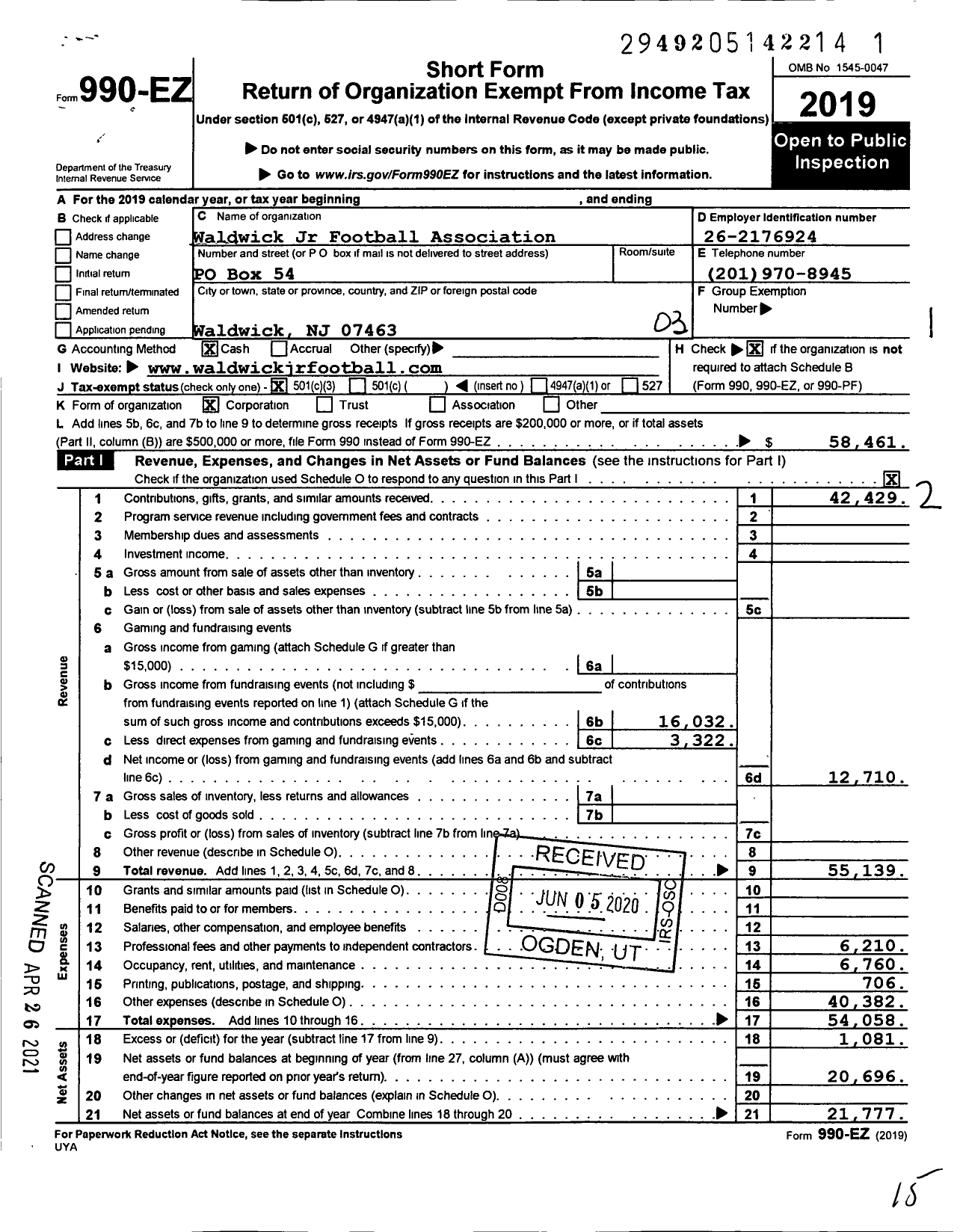 Image of first page of 2019 Form 990EZ for Waldwick Junior Football Association