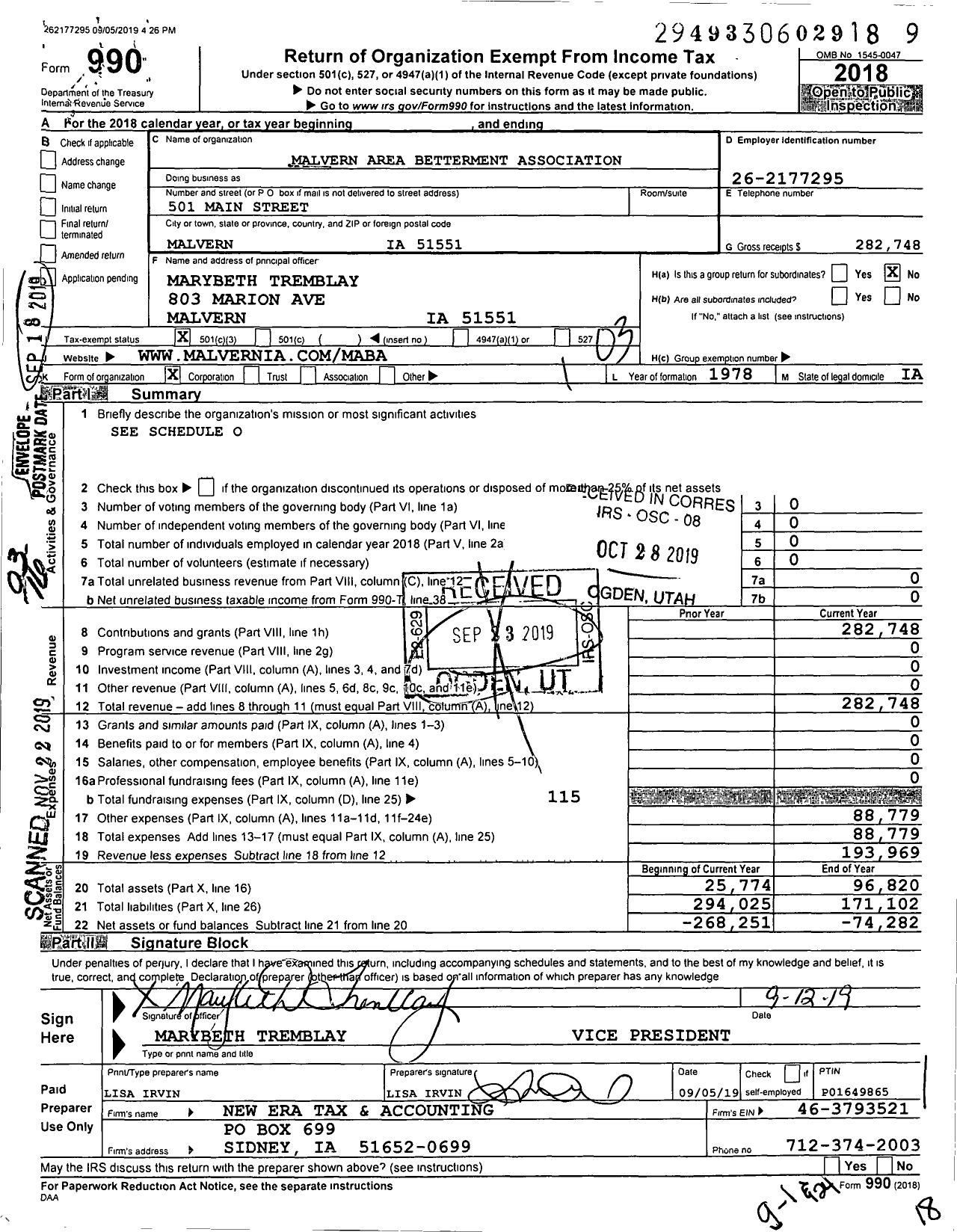 Image of first page of 2018 Form 990 for Malvern Area Betterment Association