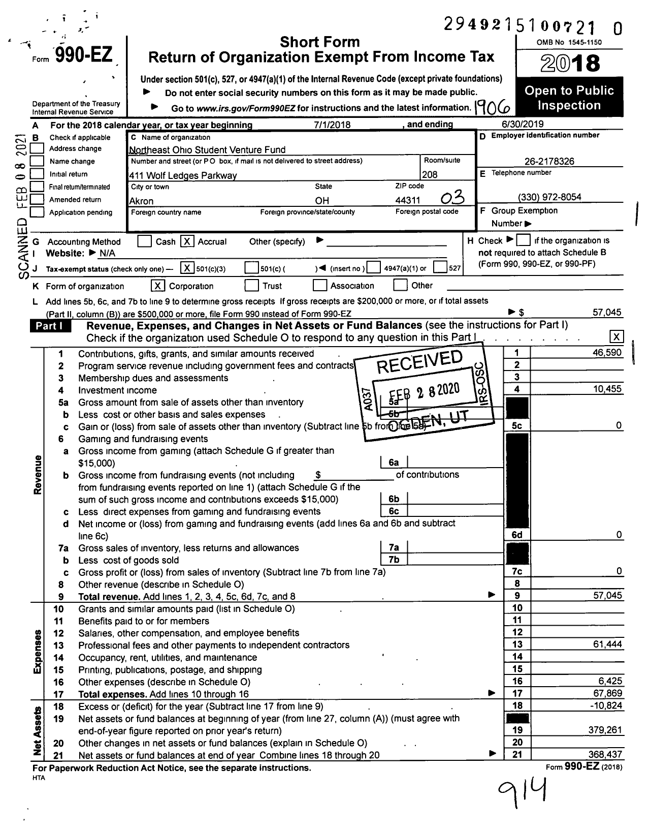 Image of first page of 2018 Form 990EZ for Northeast Ohio Student Venture Fund