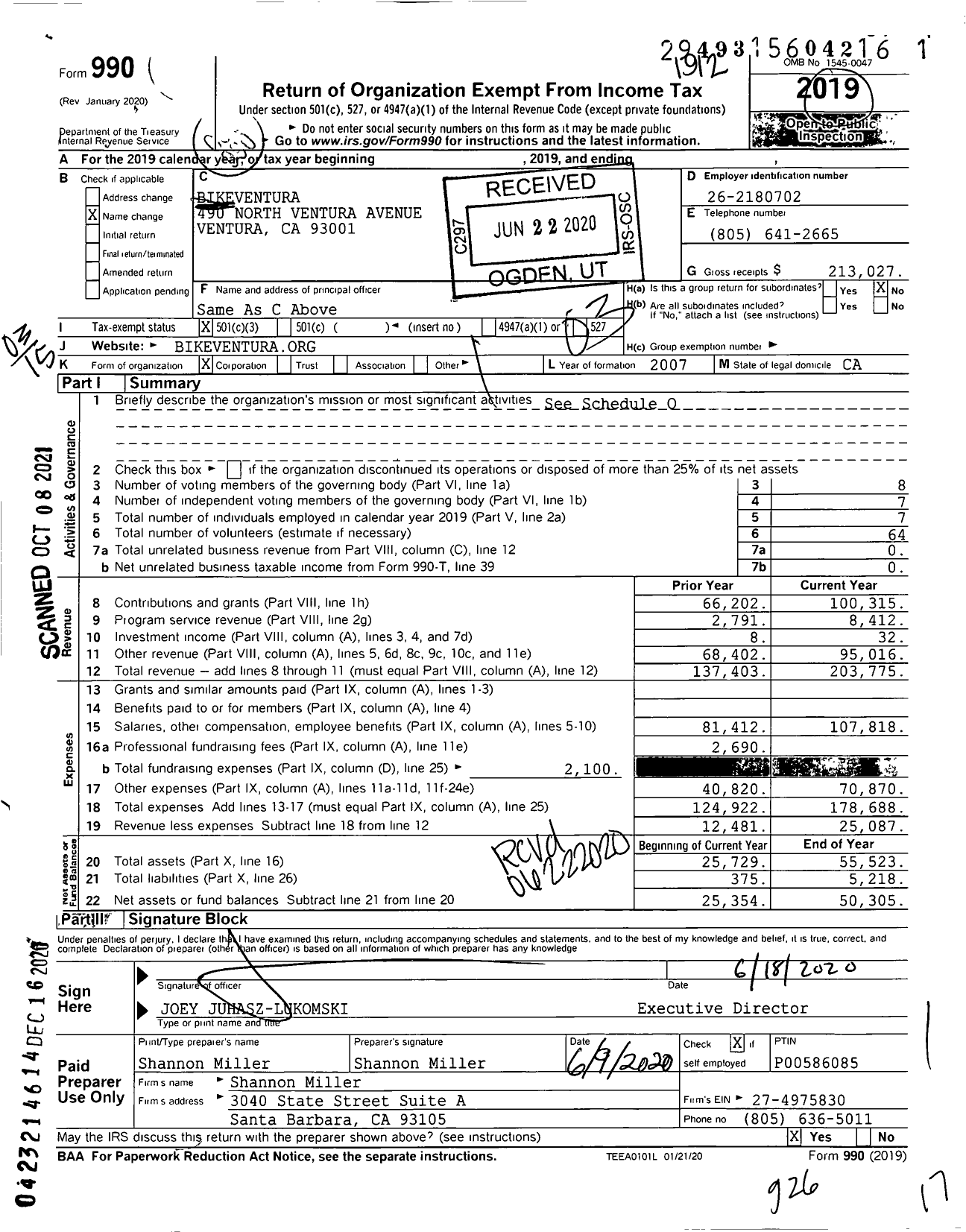 Image of first page of 2019 Form 990 for Bikeventura