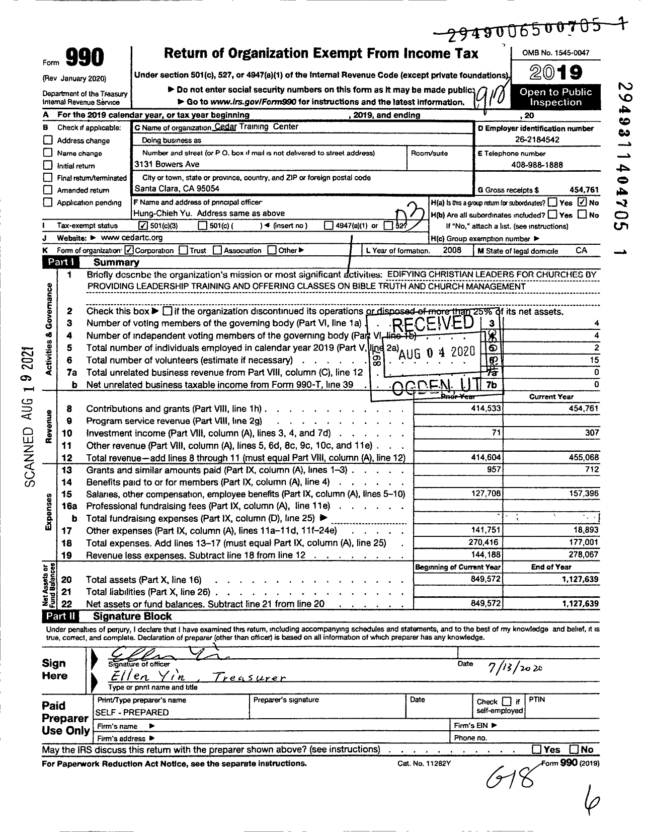 Image of first page of 2019 Form 990 for Cedar Training Center