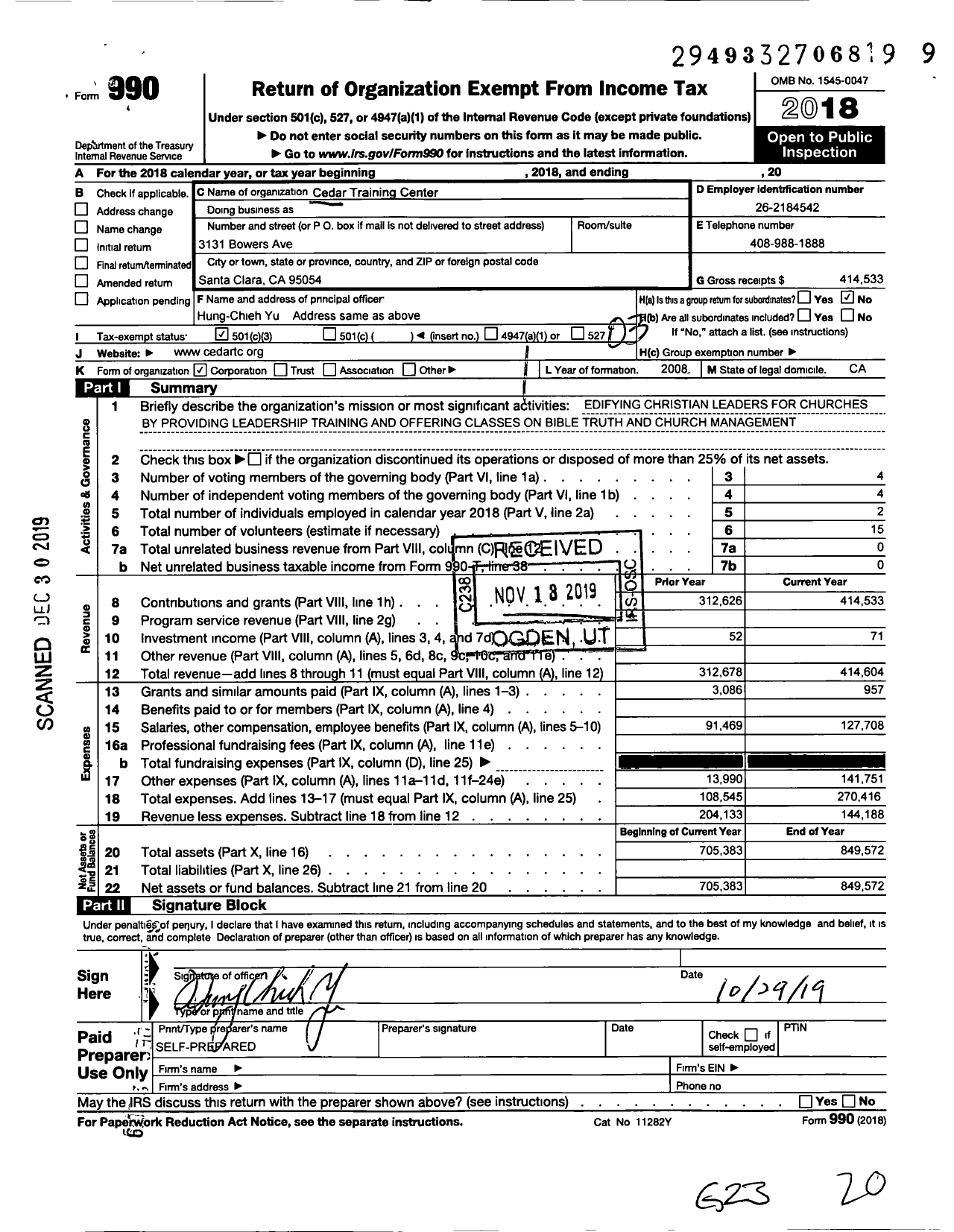 Image of first page of 2018 Form 990 for Cedar Training Center