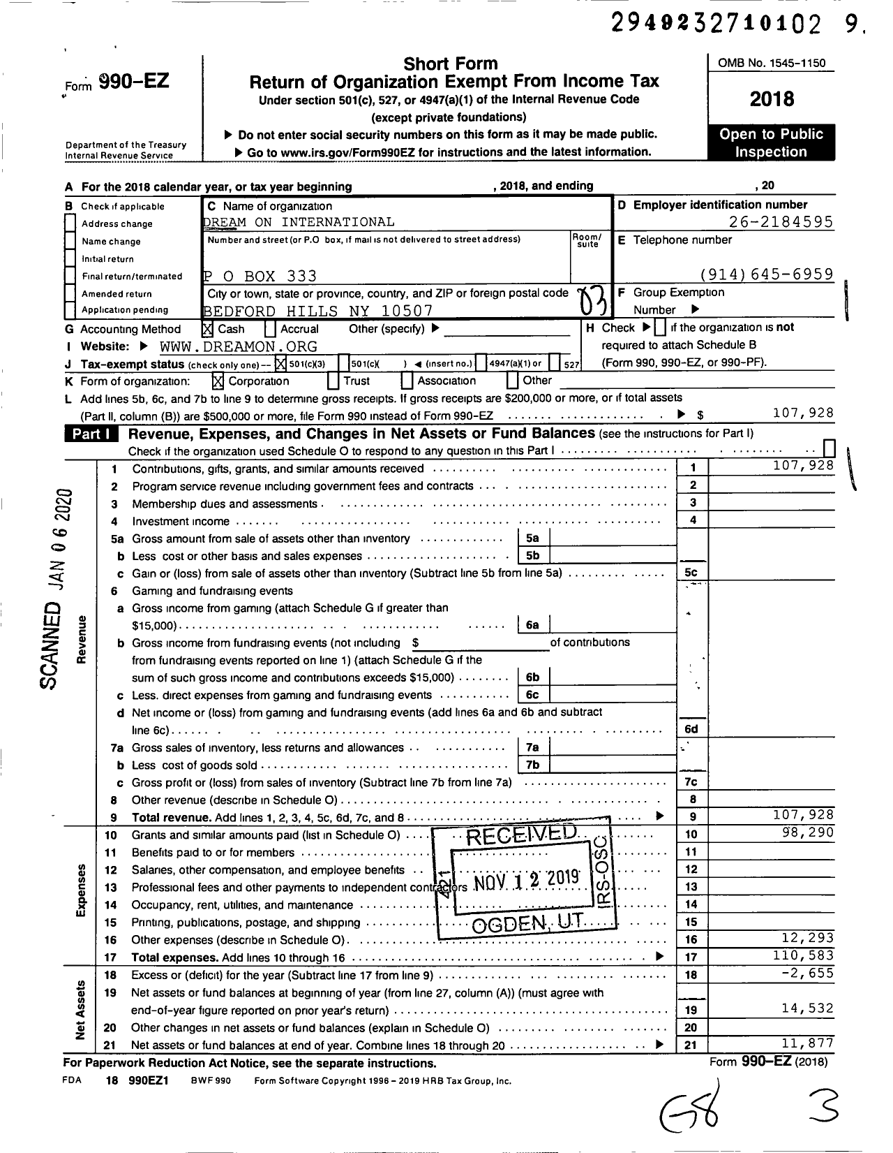 Image of first page of 2018 Form 990EZ for Dream on International
