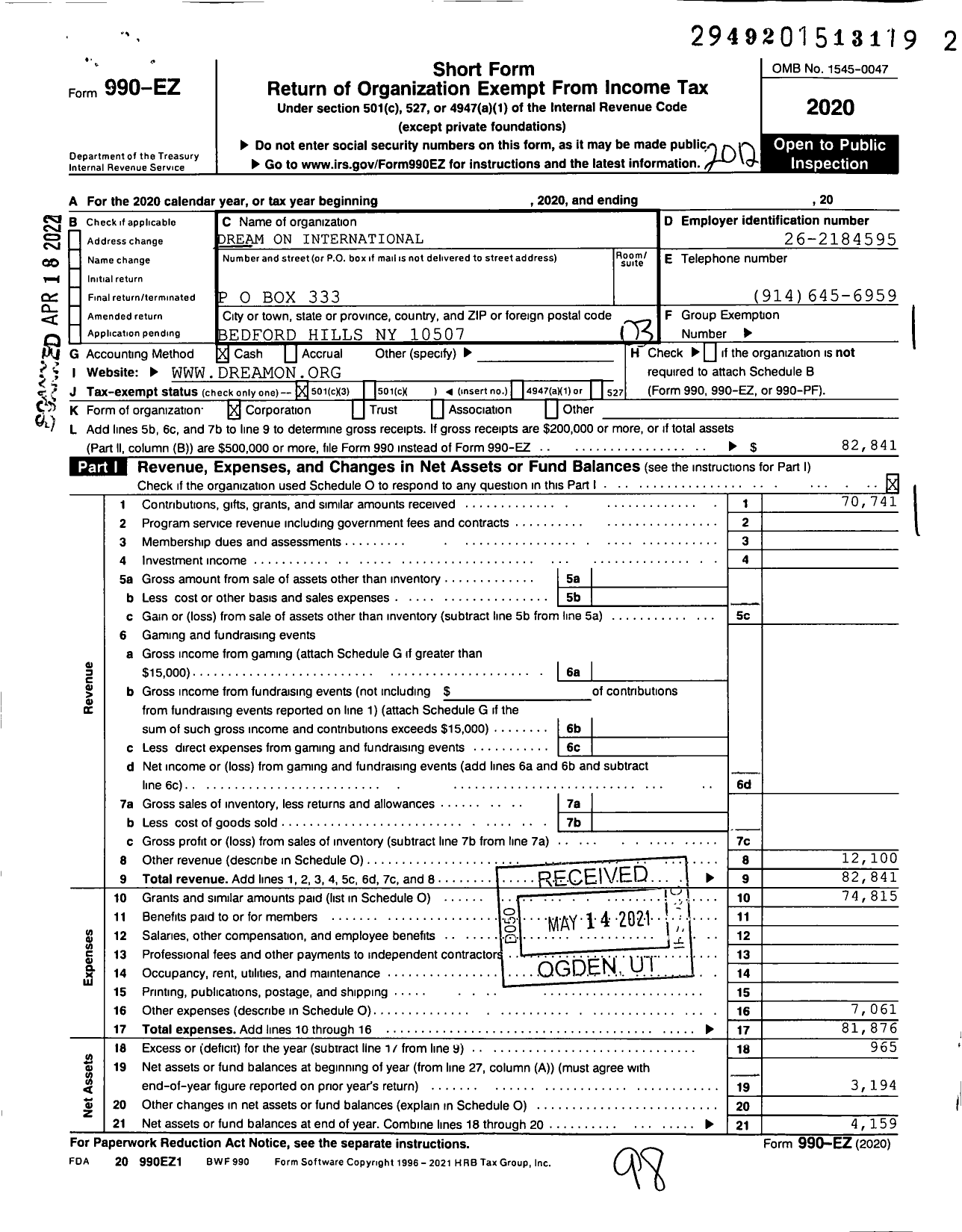 Image of first page of 2020 Form 990EZ for Dream on International