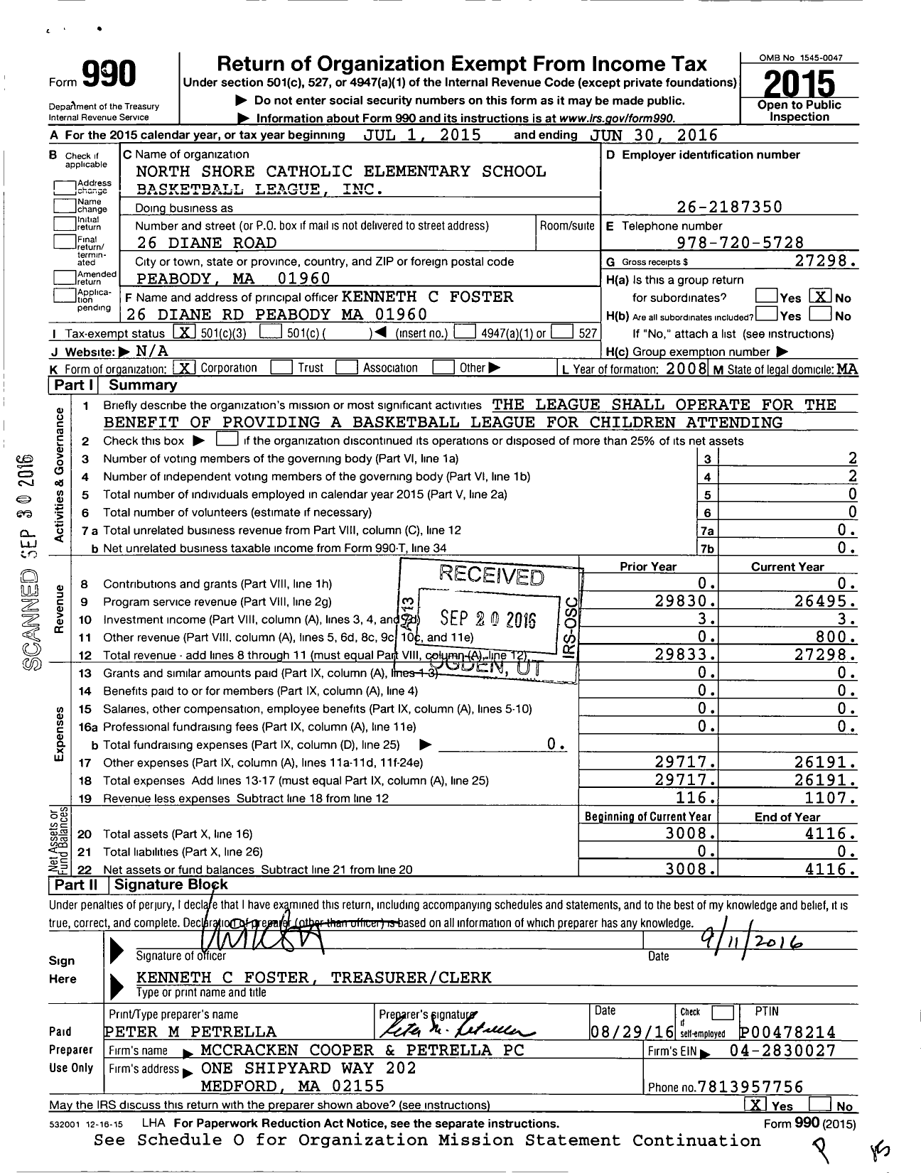 Image of first page of 2015 Form 990 for North Shore Catholic Elementary School Basketball League