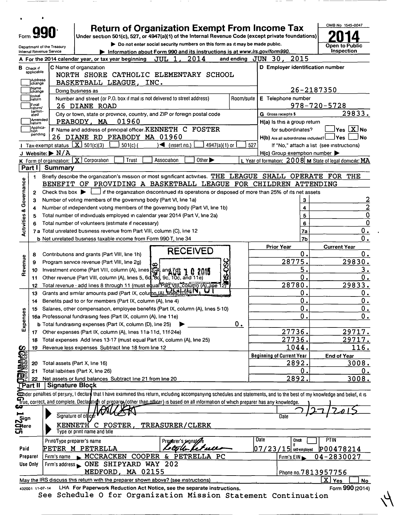 Image of first page of 2014 Form 990 for North Shore Catholic Elementary School Basketball League