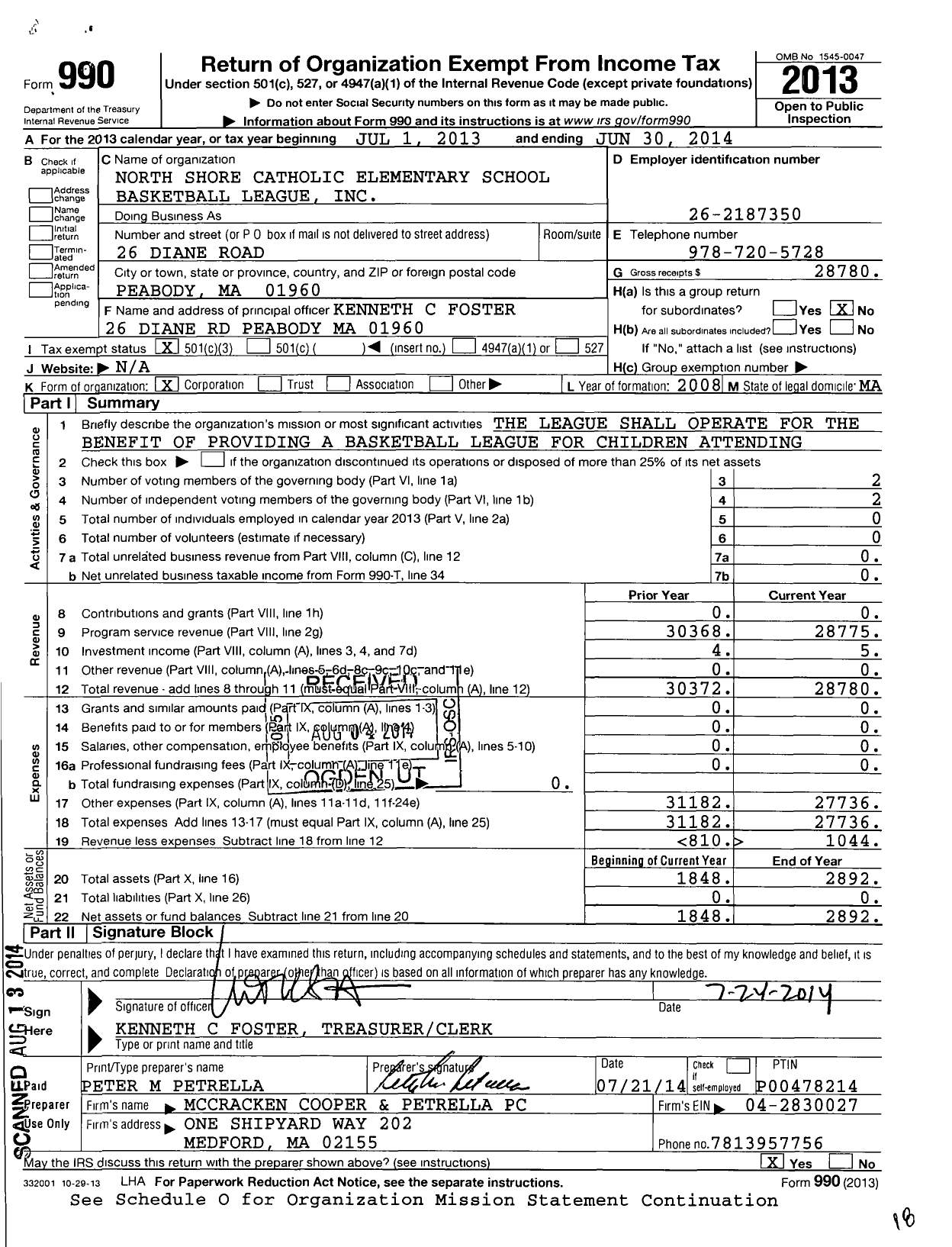 Image of first page of 2013 Form 990 for North Shore Catholic Elementary School Basketball League