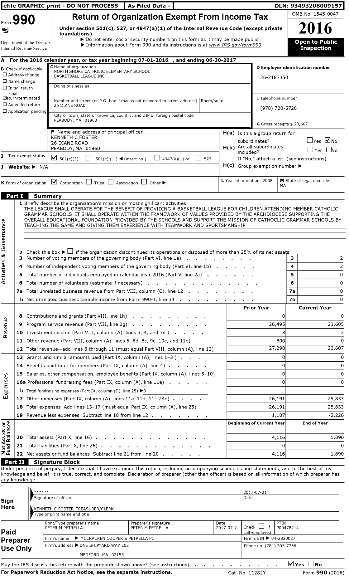 Image of first page of 2016 Form 990 for North Shore Catholic Elementary School Basketball League