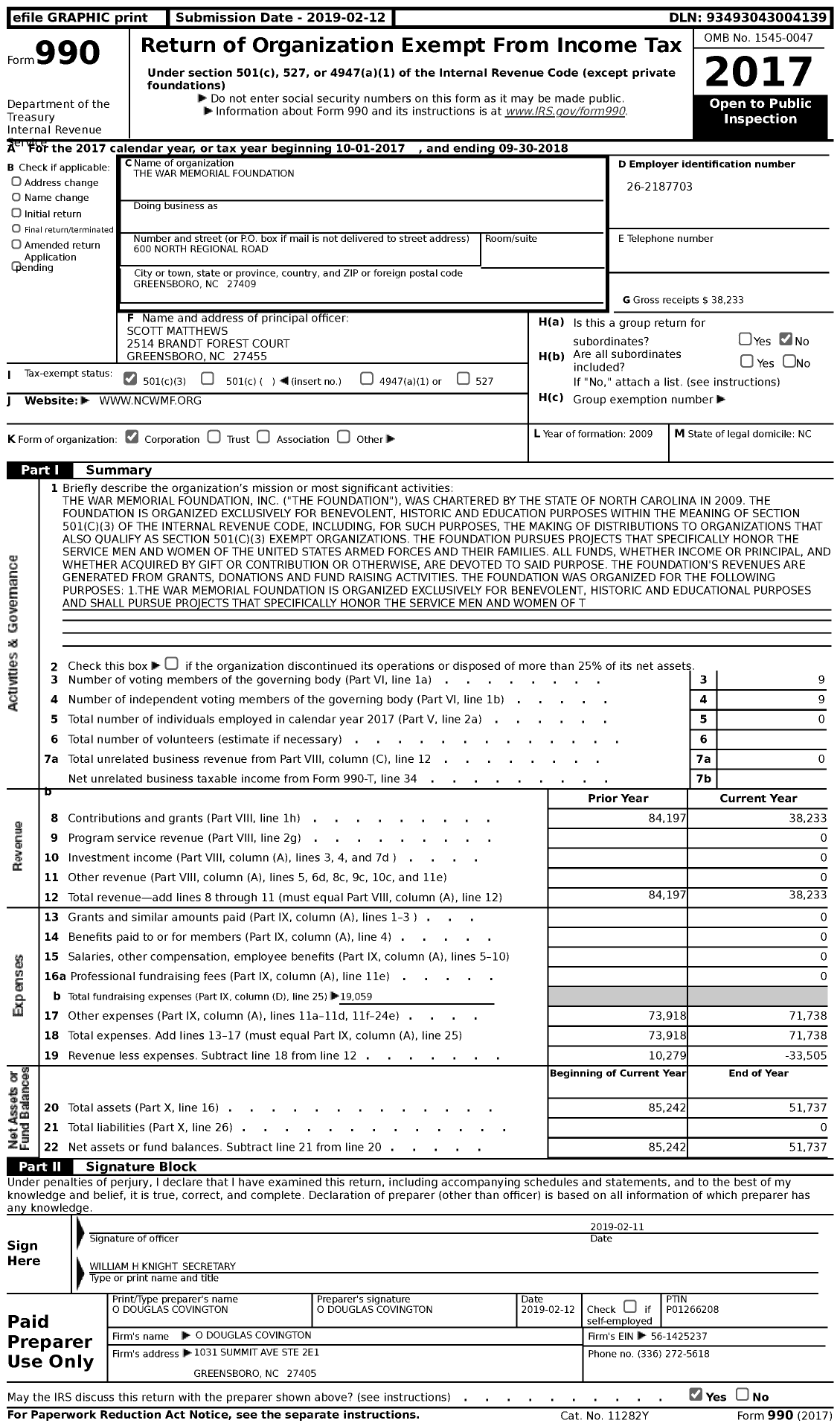 Image of first page of 2017 Form 990 for War Memorial Foundation